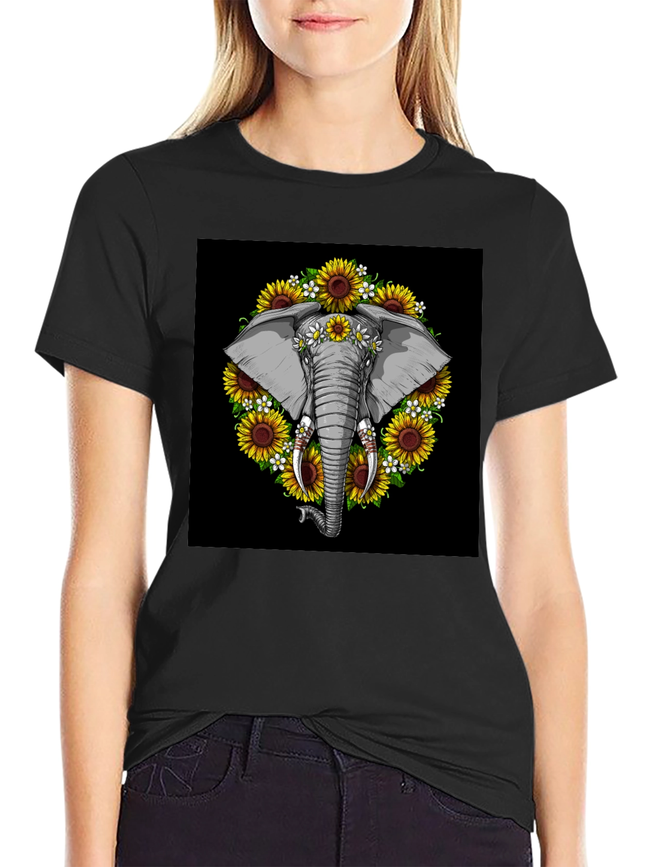Elephant Sunflower Black T-Shirt