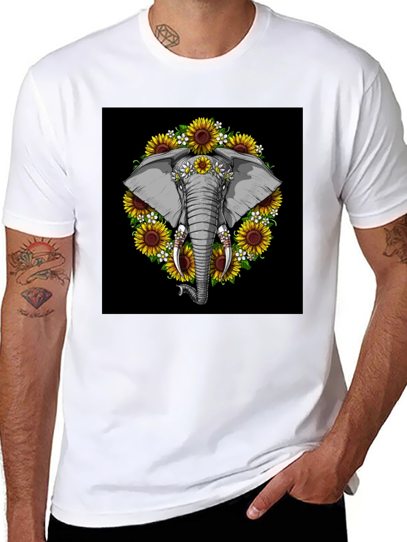 Elephant Sunflower Black T-Shirt