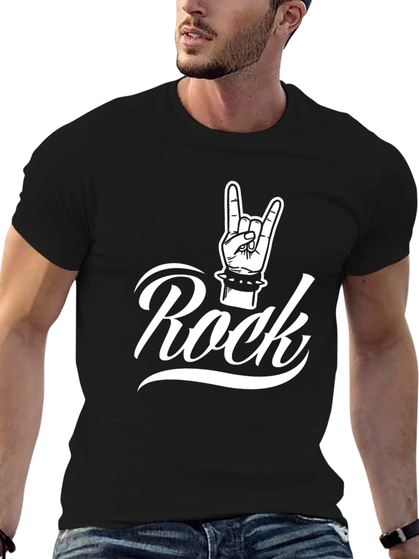 Rock Hand Gesture Graphic Black T-Shirt