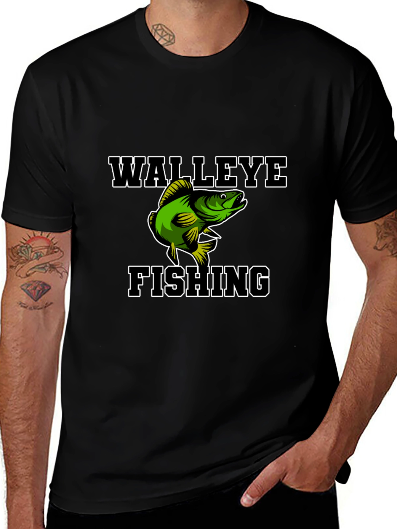 Walleye Fishing Graphic Tee - Black Cotton Blend Shirt