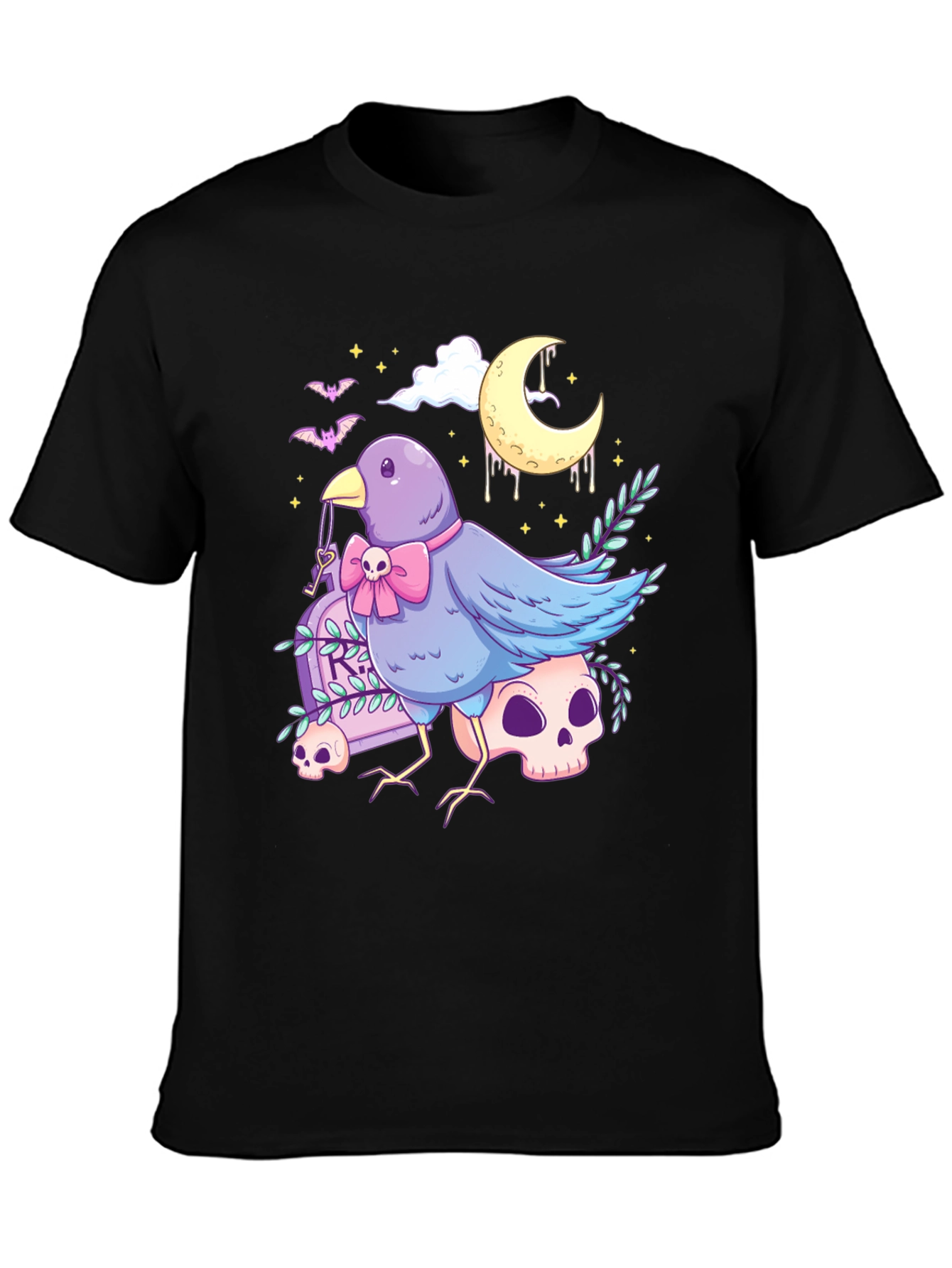 Gothic Bird Graphic Tee - Skull & Moon Design