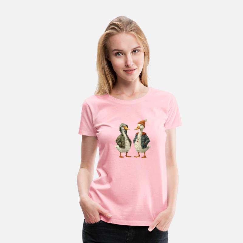 Streetwear-dressed ducks looking