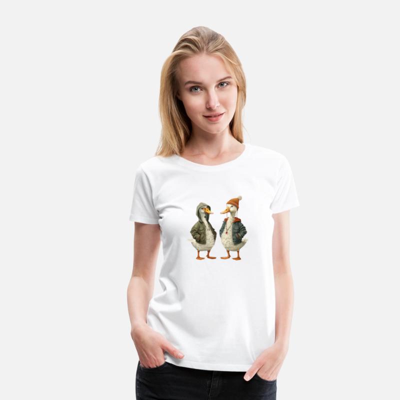 Streetwear-dressed ducks looking