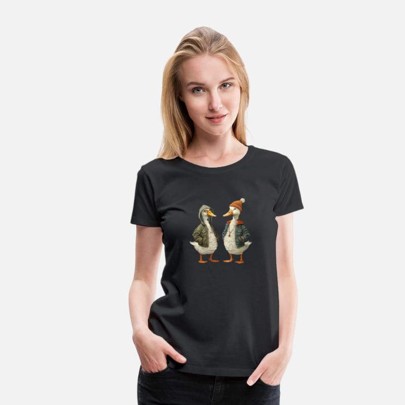 Streetwear-dressed ducks looking