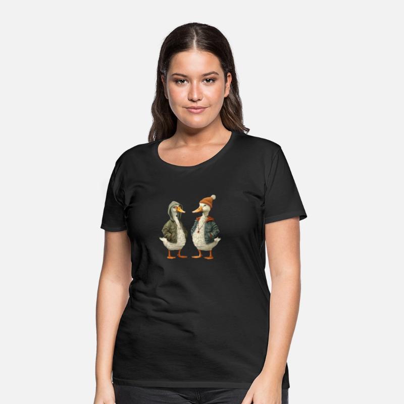 Streetwear-dressed ducks looking