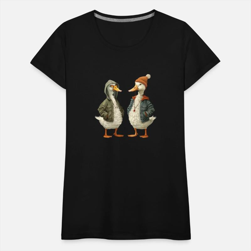 Streetwear-dressed ducks looking