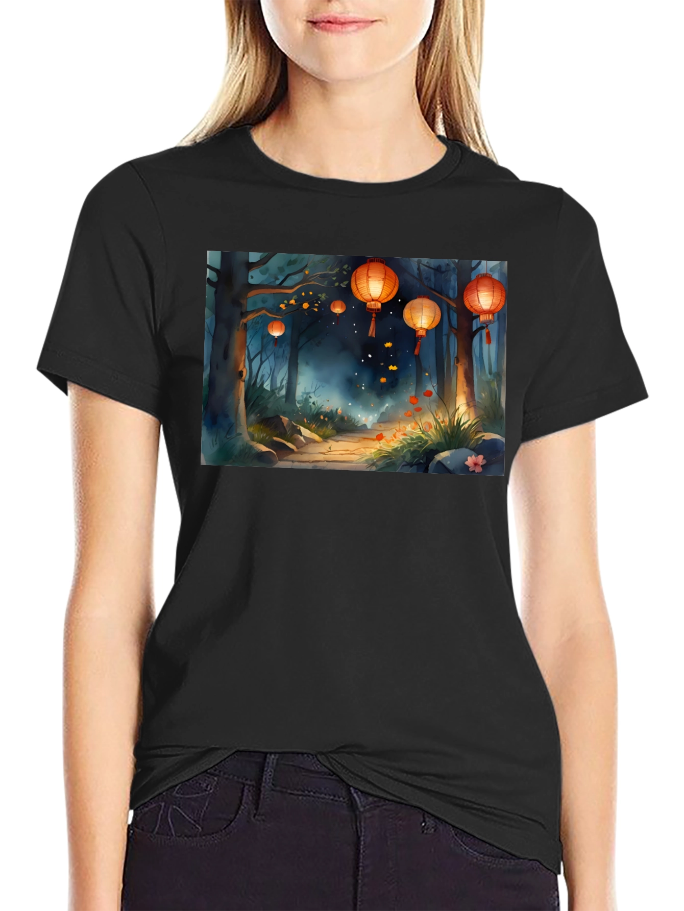 Lantern Forest Graphic Tee - Stylish Black T-Shirt