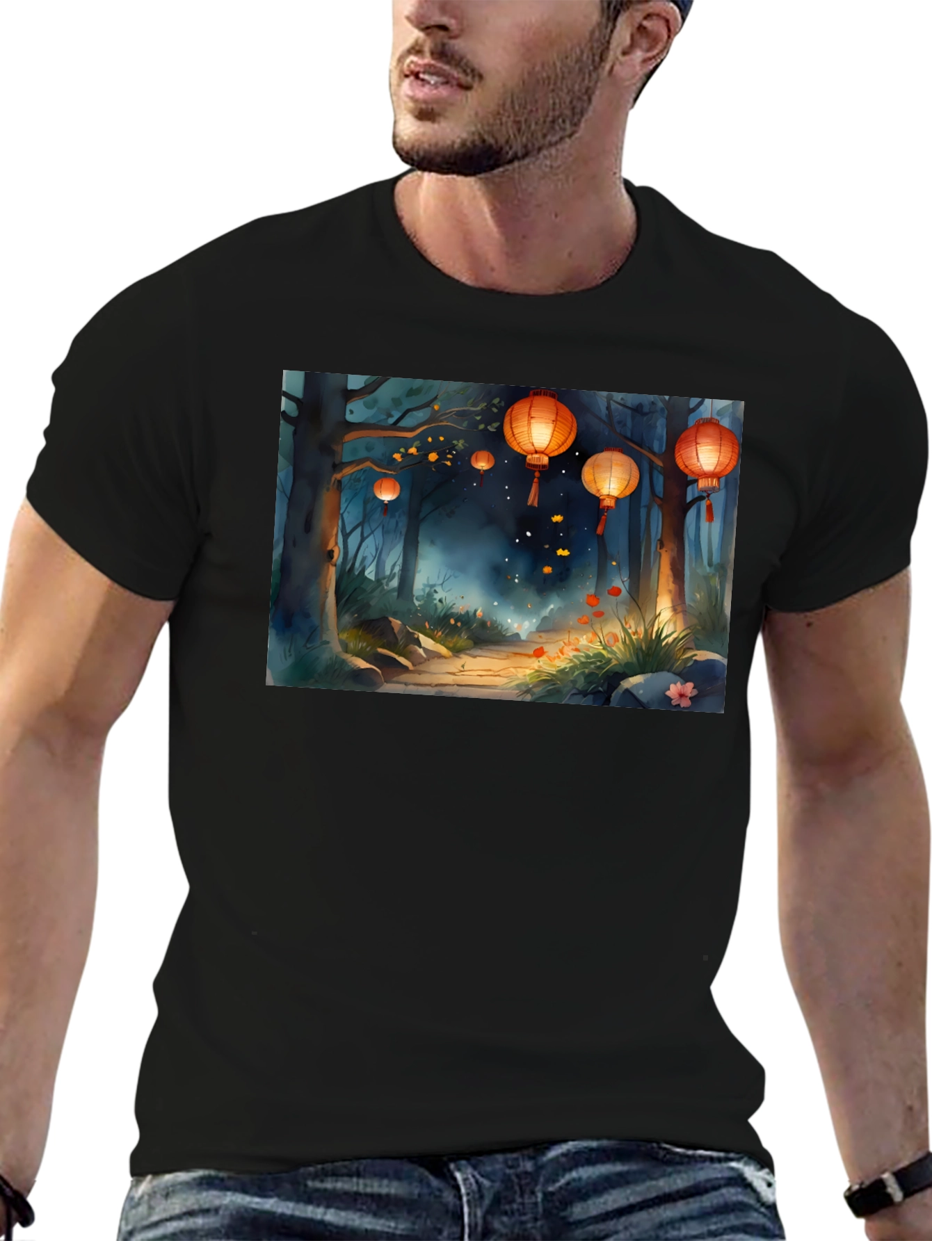Lantern Forest Graphic Tee - Stylish Black T-Shirt
