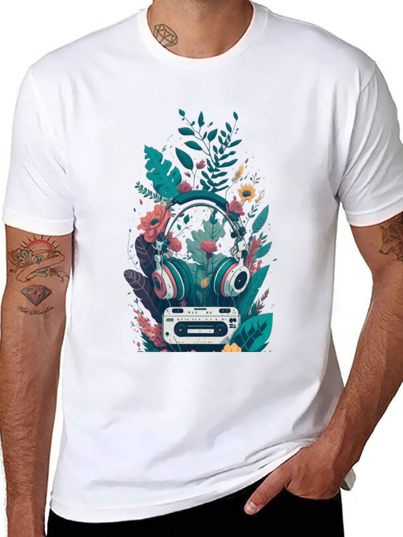 Retro Vibes Graphic Tee - Headphones & Cassette
