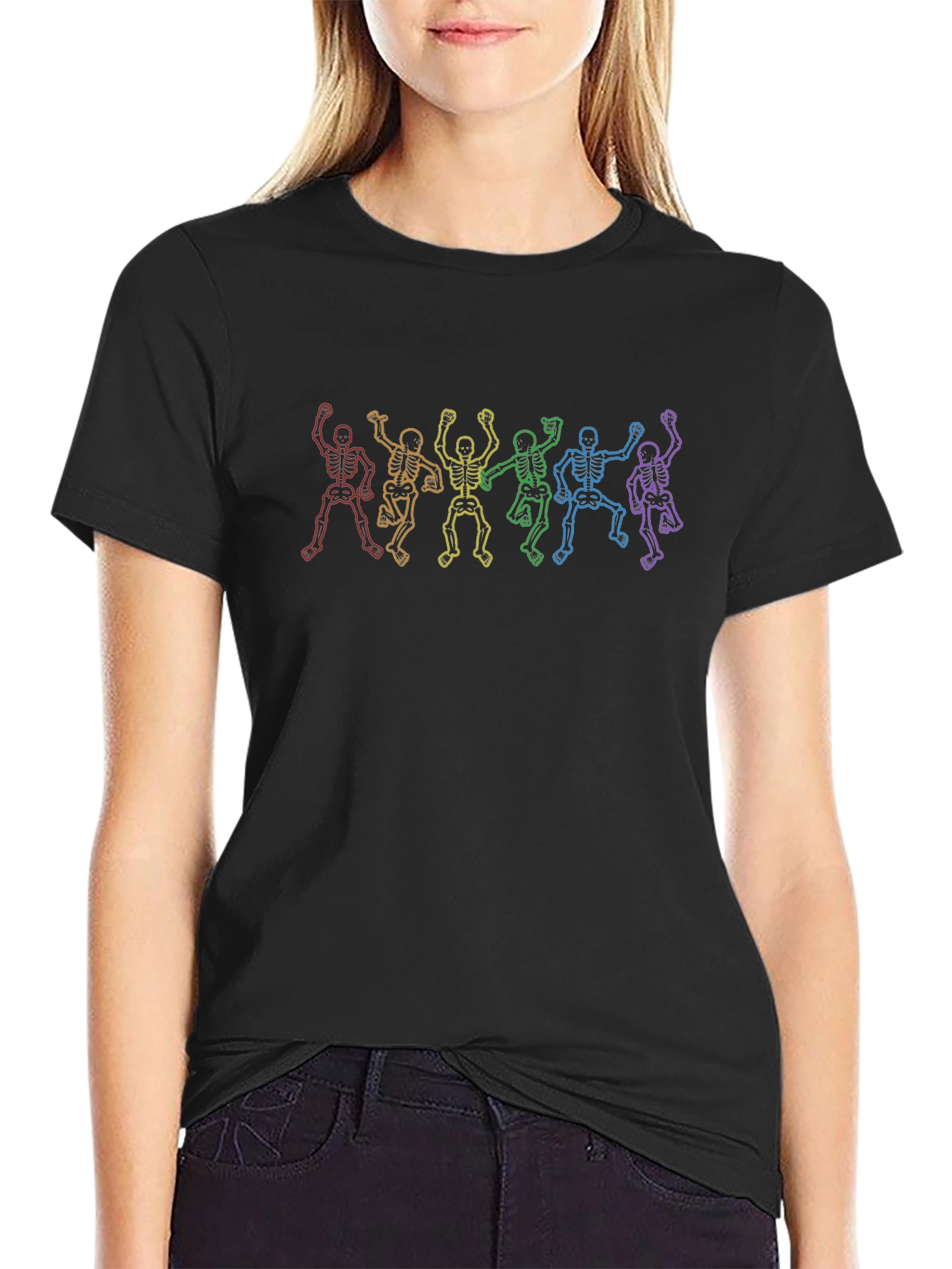 Rainbow Skeleton Dance Graphic Tee - Black Cotton Shirt