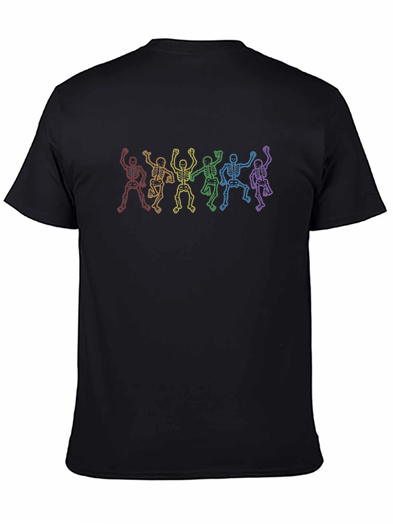 Rainbow Skeleton Dance Graphic Tee - Black Cotton Shirt