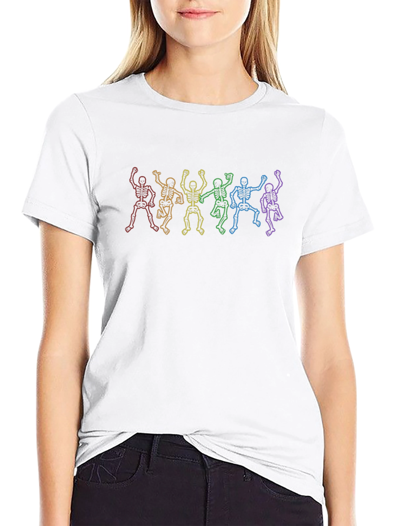 Rainbow Skeleton Dance Graphic Tee - Black Cotton Shirt