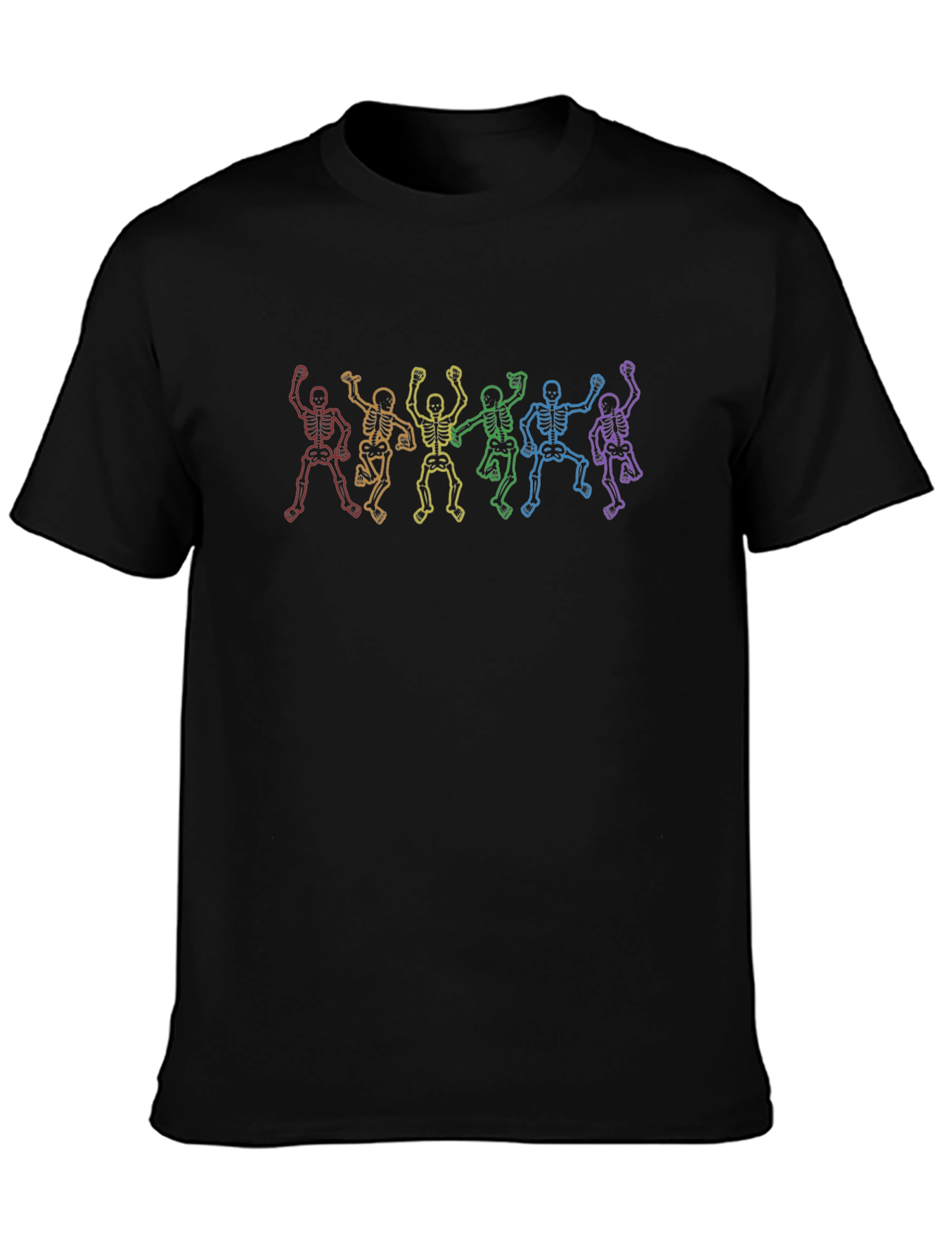 Rainbow Skeleton Dance Graphic Tee - Black Cotton Shirt