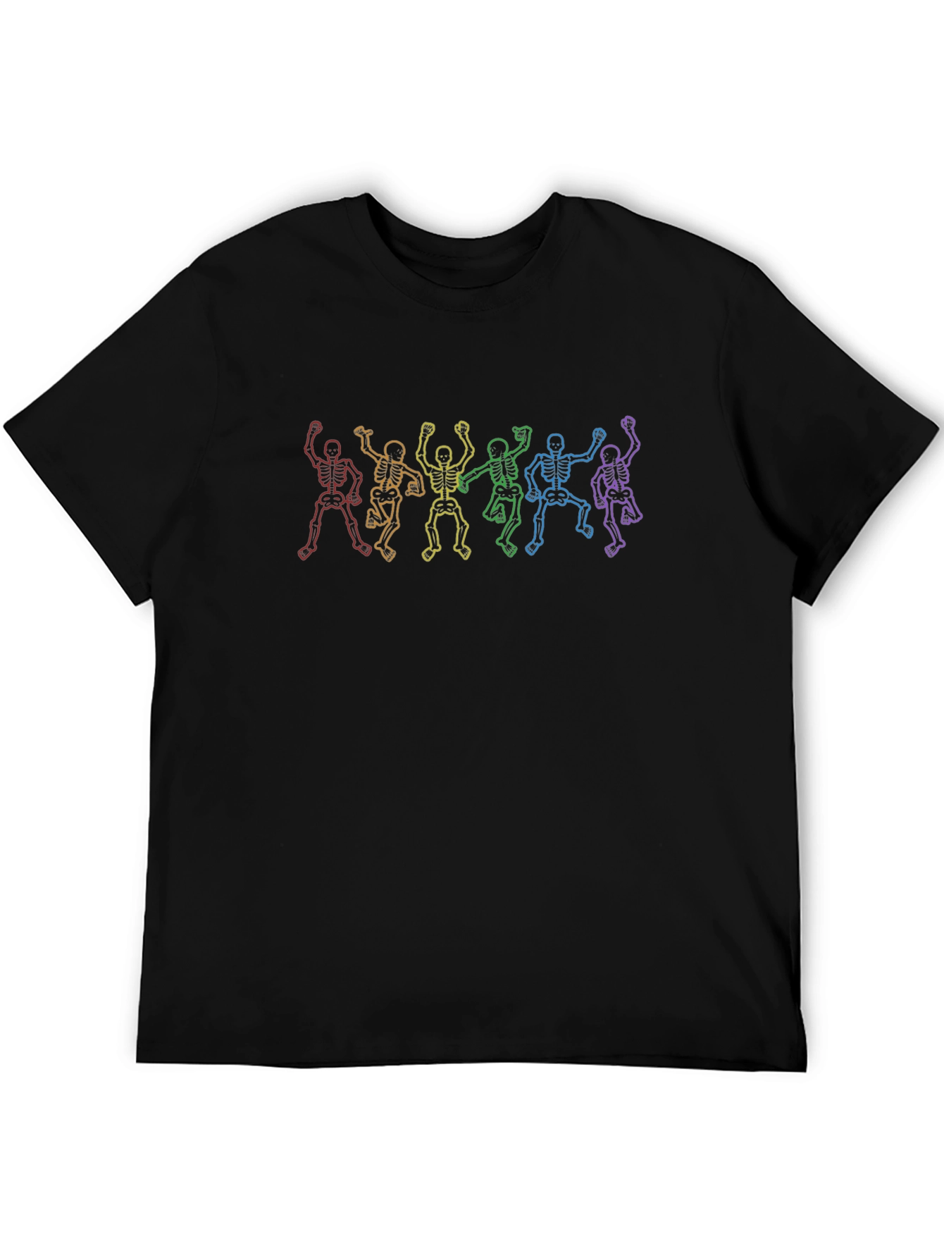 Rainbow Skeleton Dance Graphic Tee - Black Cotton Shirt