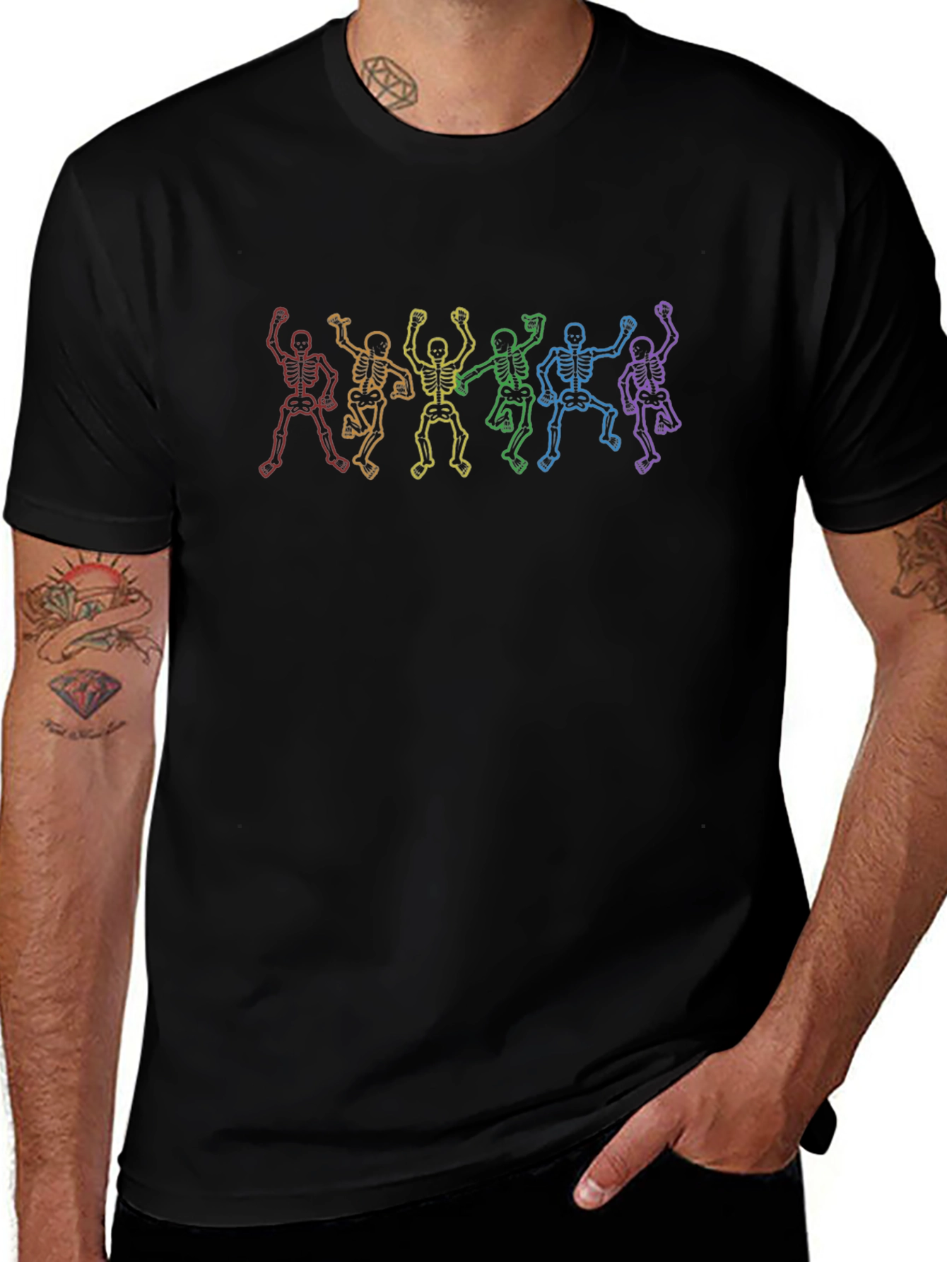 Rainbow Skeleton Dance Graphic Tee - Black Cotton Shirt