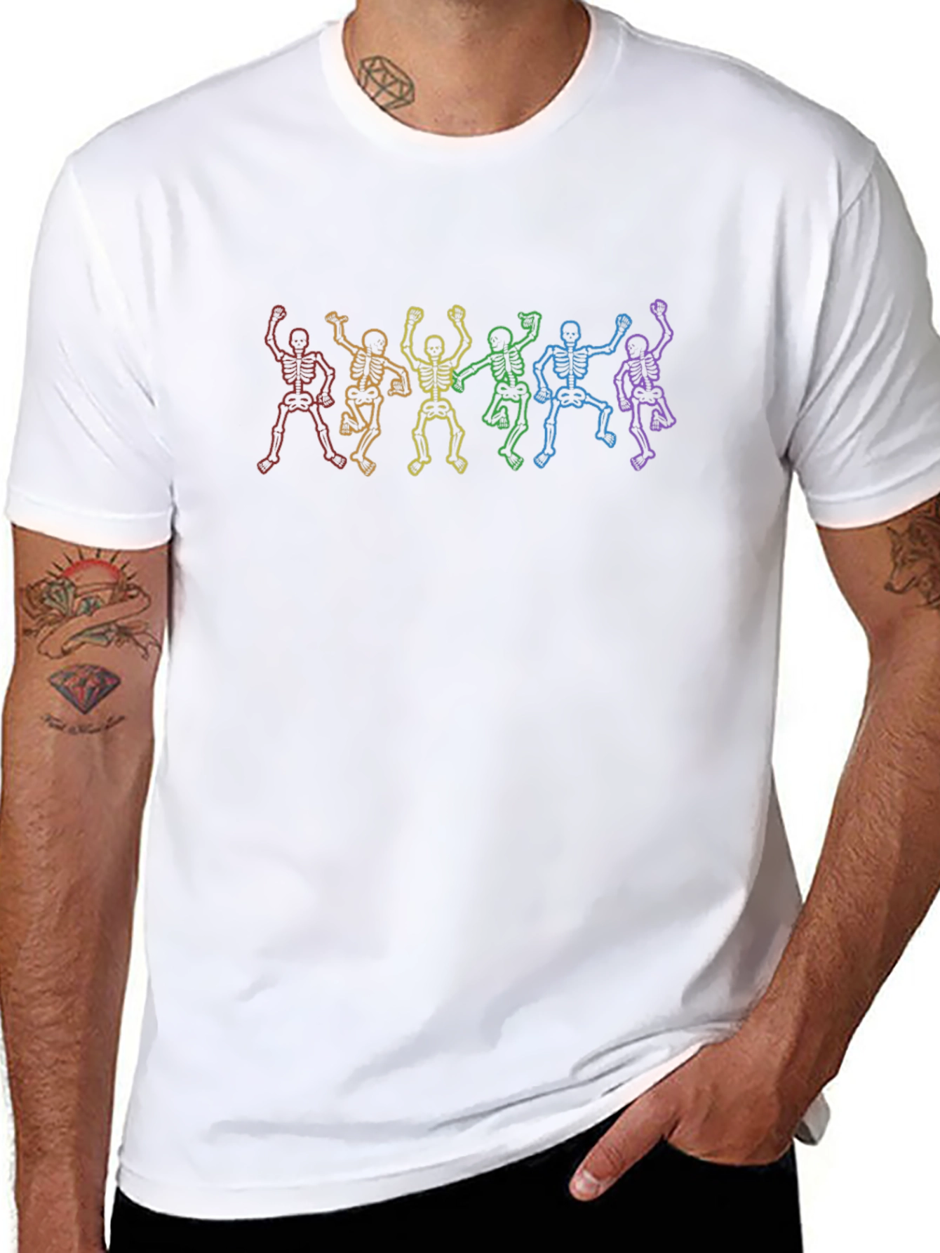 Rainbow Skeleton Dance Graphic Tee - Black Cotton Shirt