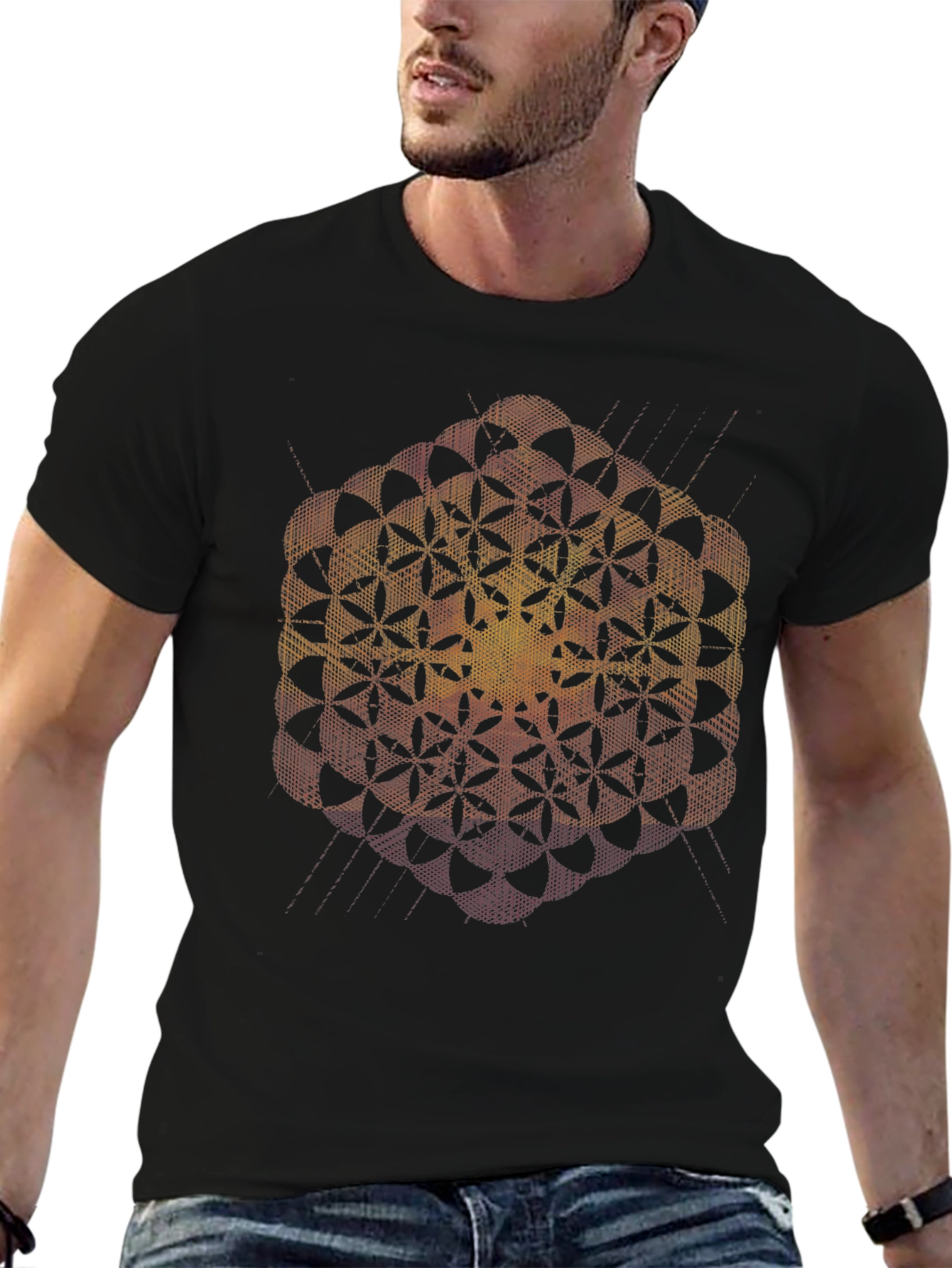 Geometric Flower of Life Black T-Shirt