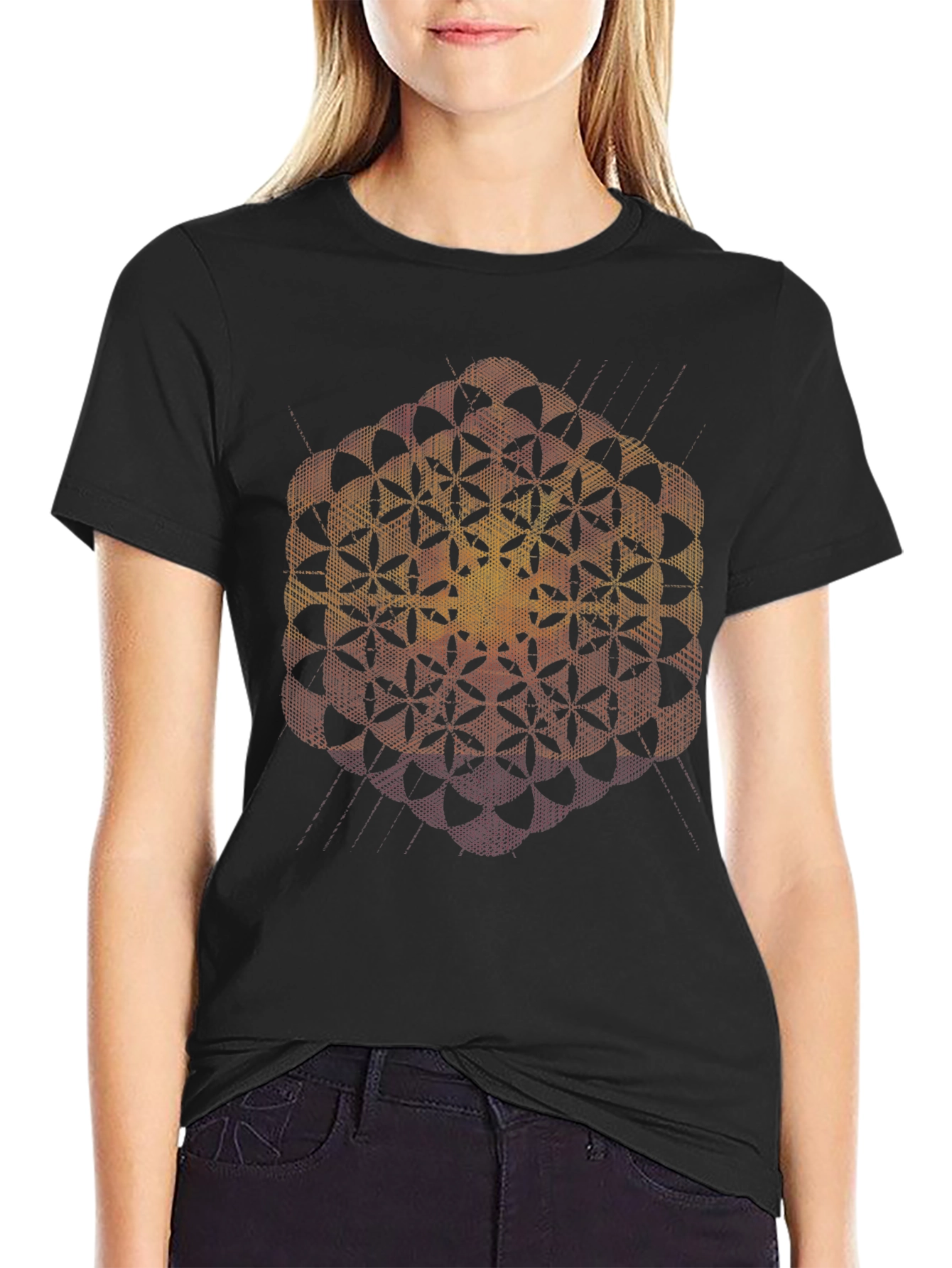 Geometric Flower of Life Black T-Shirt
