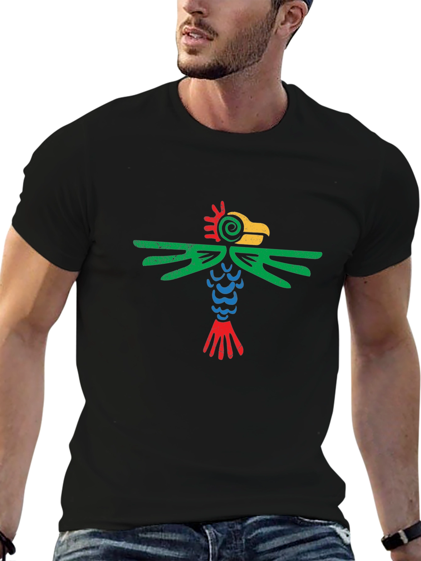 Aztec Bird Graphic Tee - Black Cotton T-Shirt