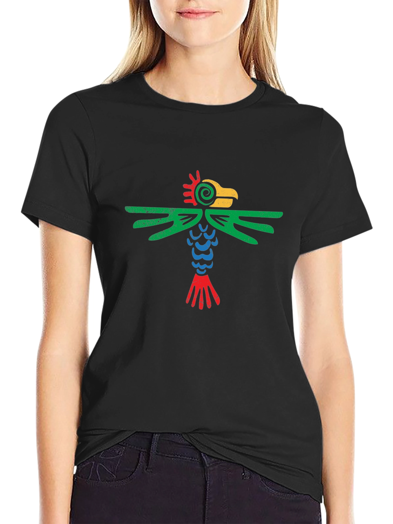 Aztec Bird Graphic Tee - Black Cotton T-Shirt