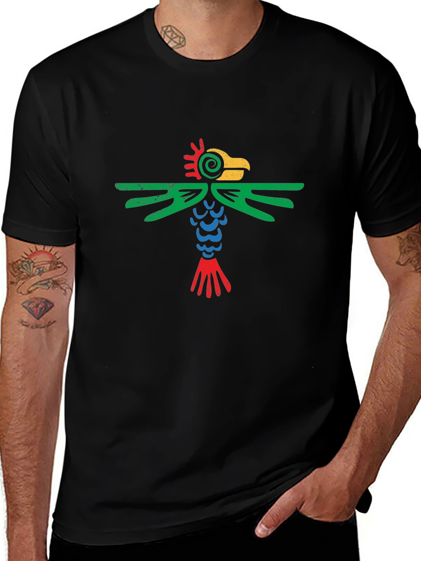 Aztec Bird Graphic Tee - Black Cotton T-Shirt
