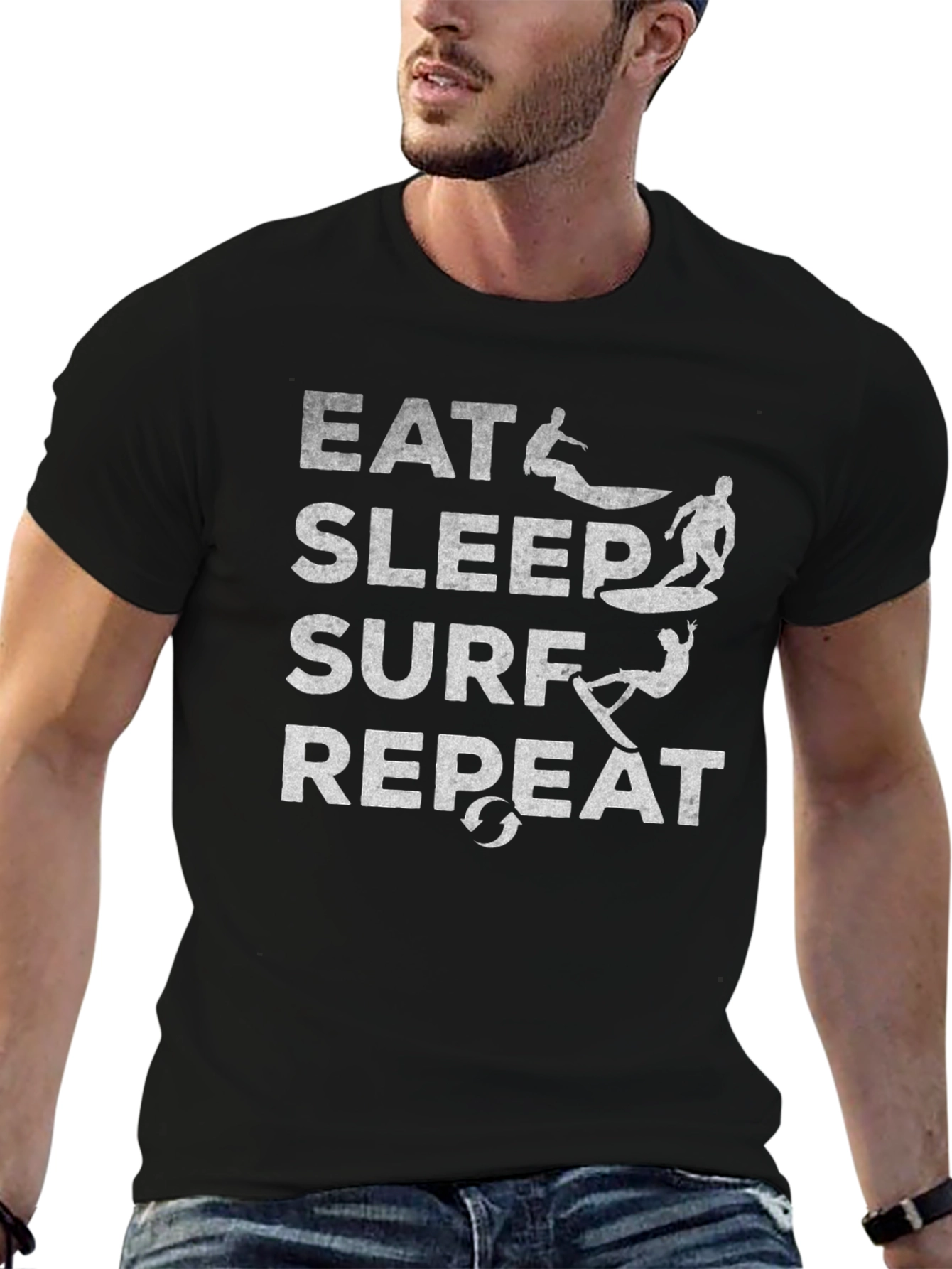 Eat Sleep Surf Repeat Black Graphic T-Shirt