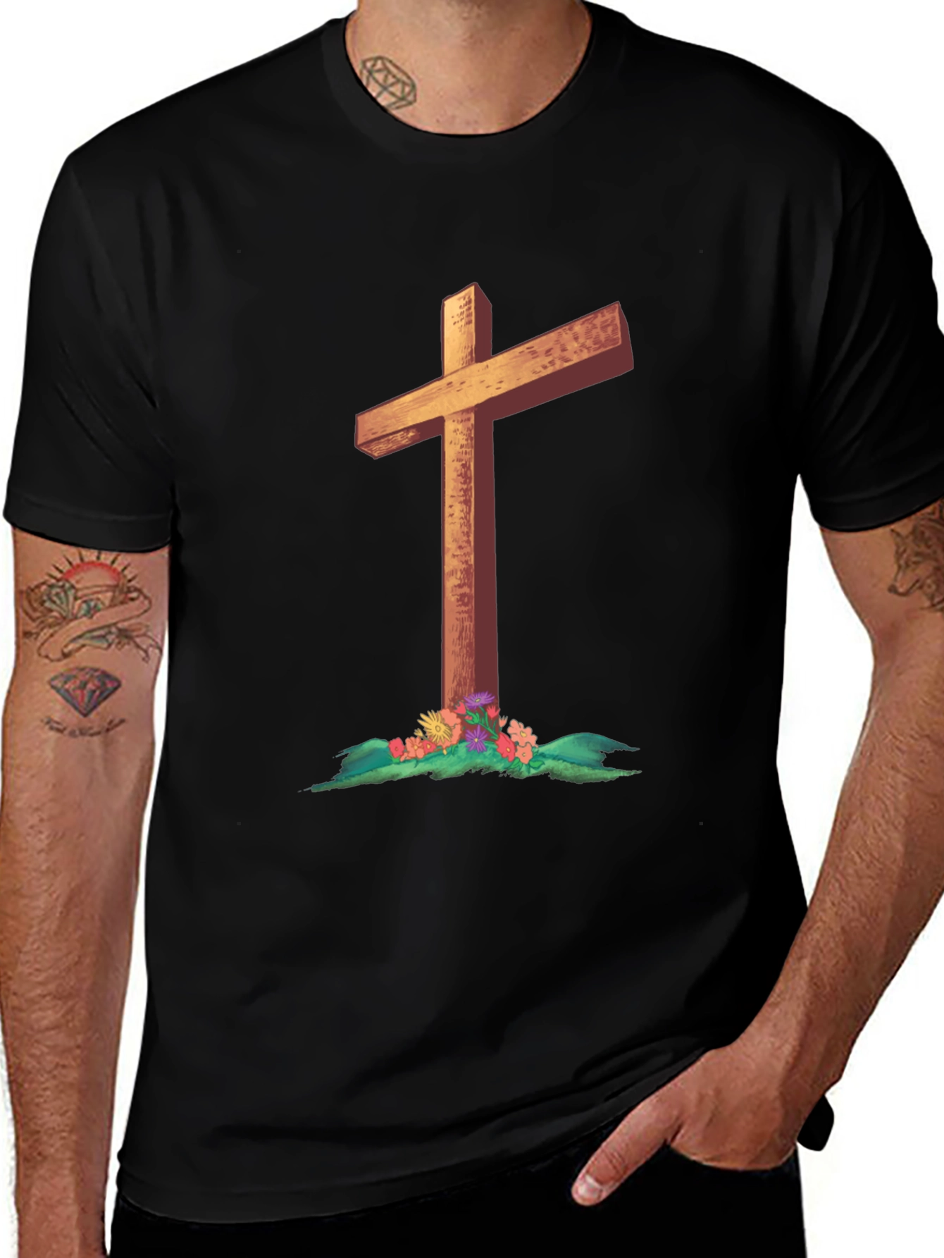 Cross and Flowers Graphic T-Shirt