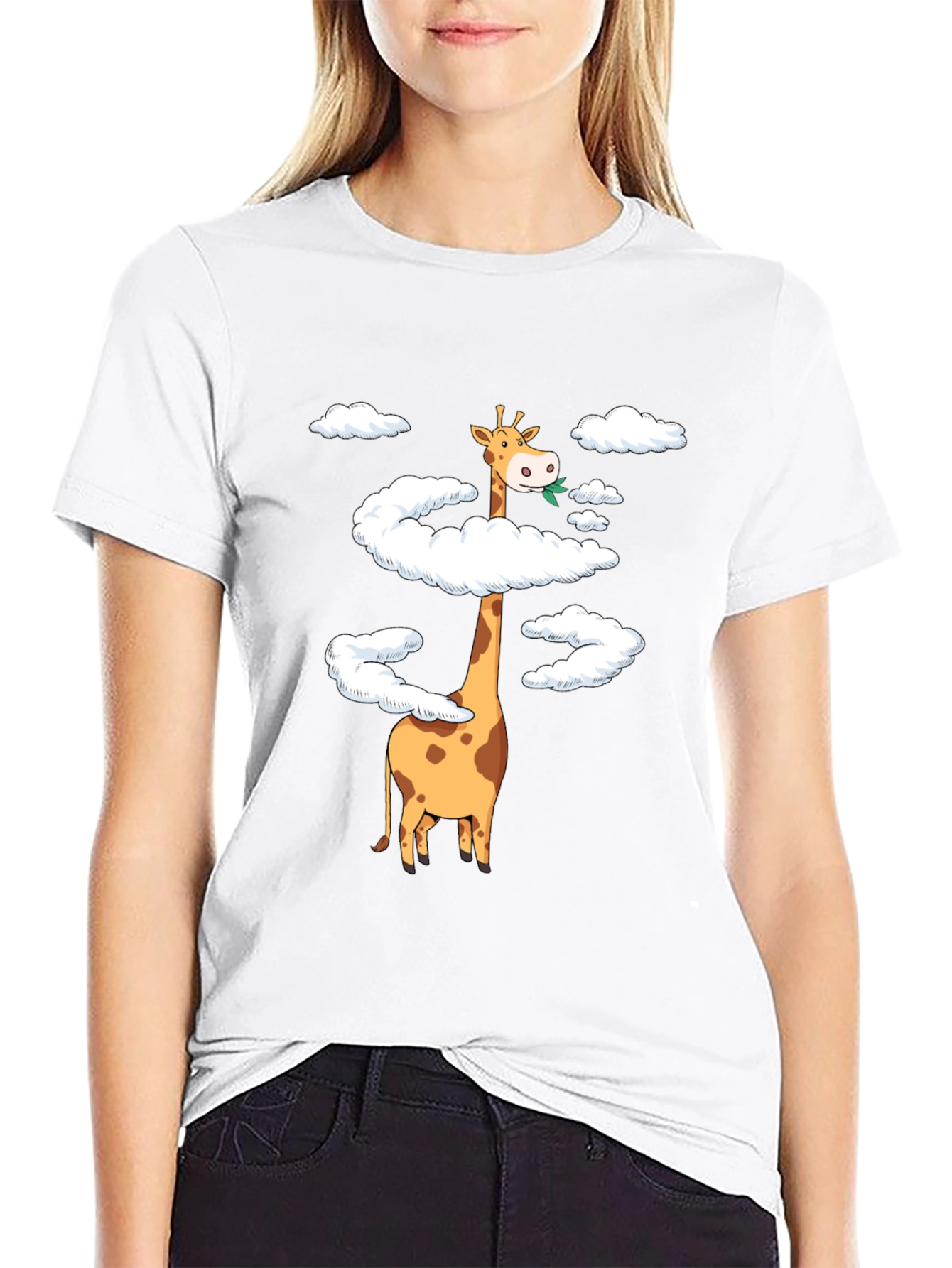 Giraffe in Clouds Graphic Tee - Black Cotton T-Shirt