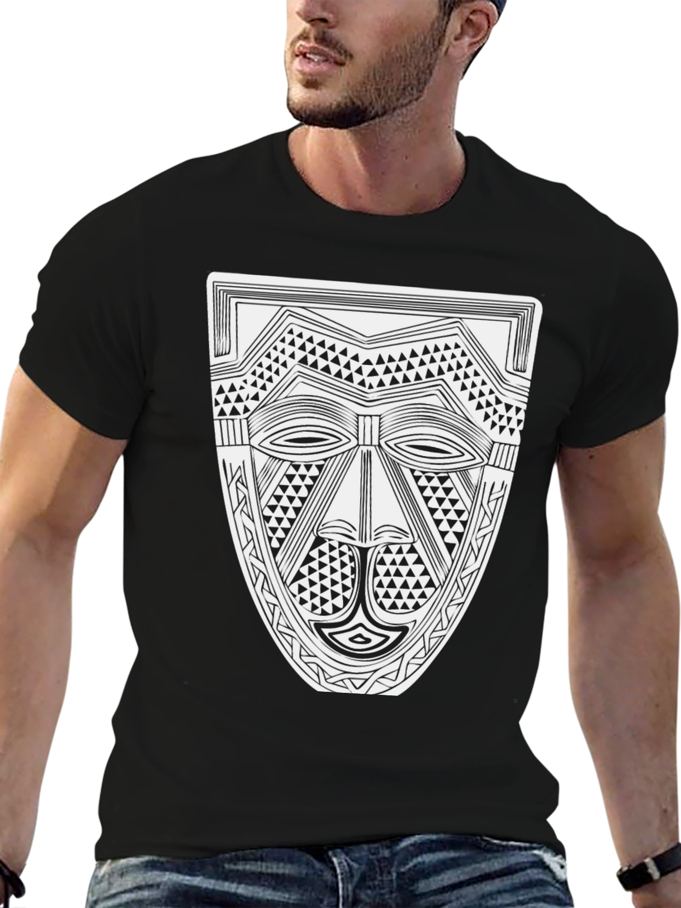 Tribal Mask Graphic Tee - Black Cotton T-Shirt