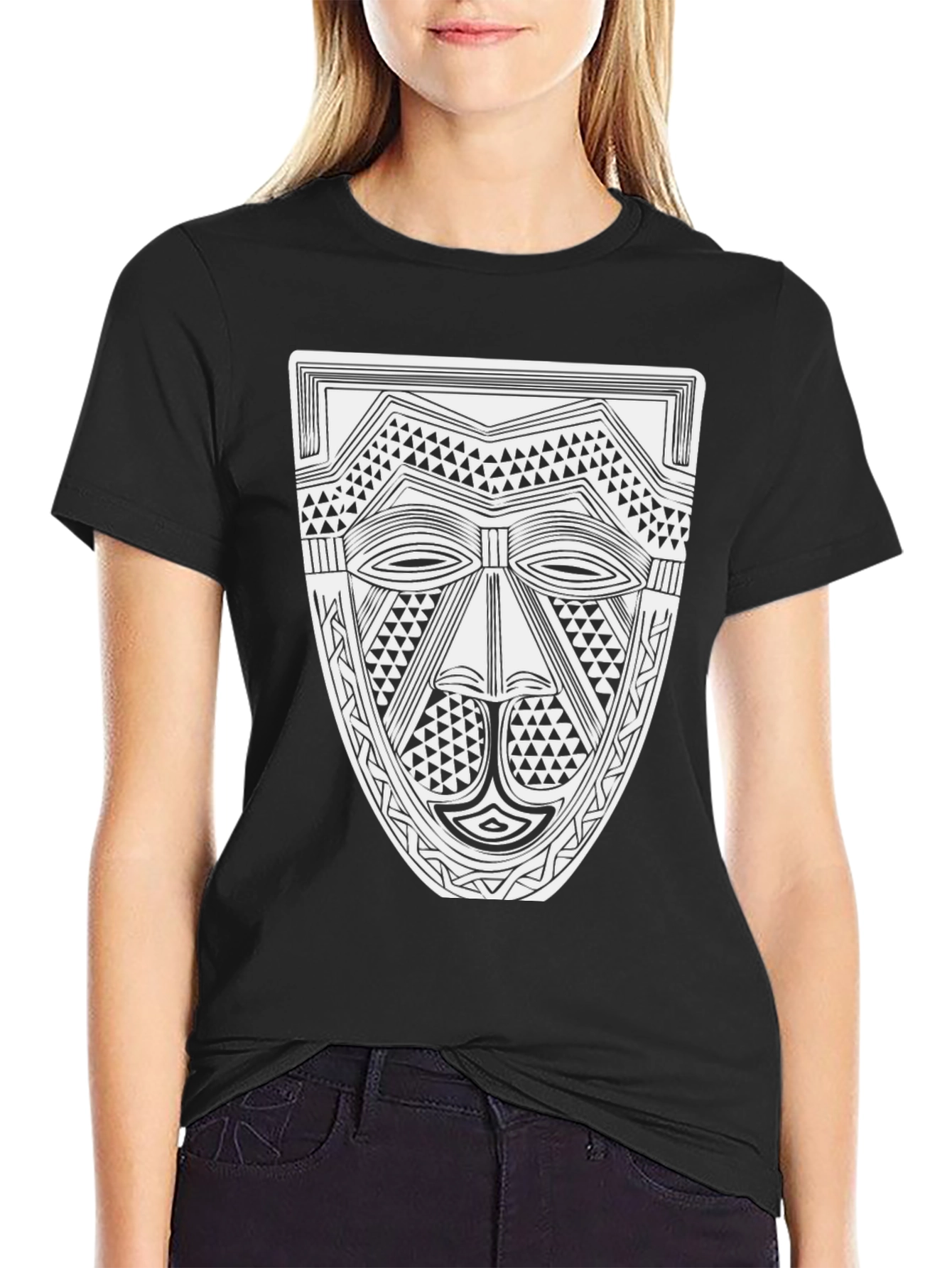 Tribal Mask Graphic Tee - Black Cotton T-Shirt