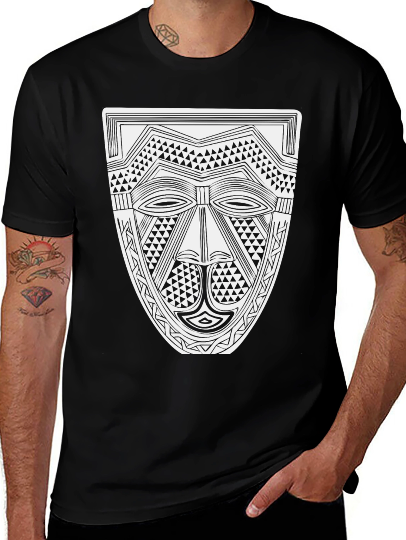 Tribal Mask Graphic Tee - Black Cotton T-Shirt