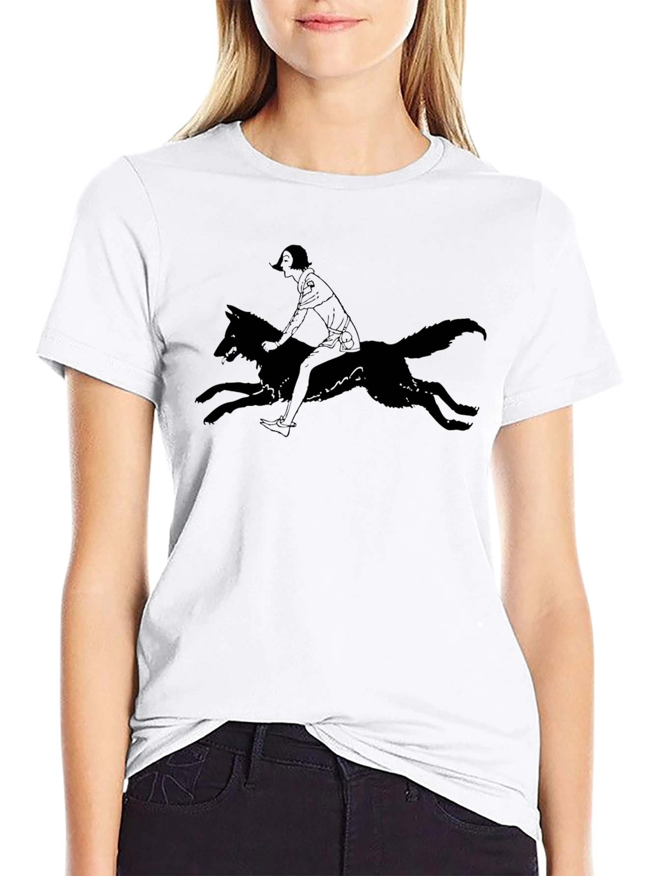Black Tee - Girl Riding Wolf Graphic