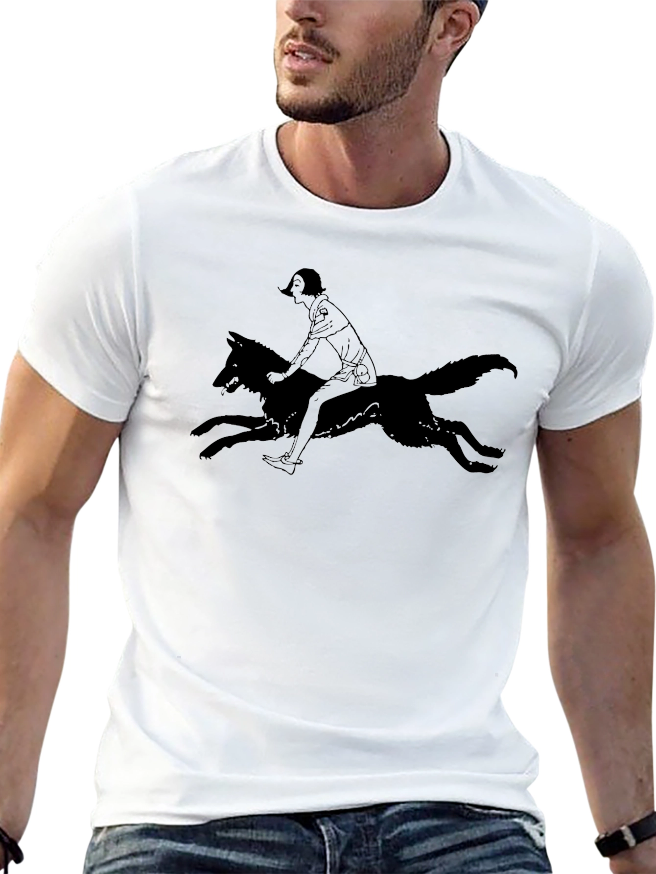 Black Tee - Girl Riding Wolf Graphic