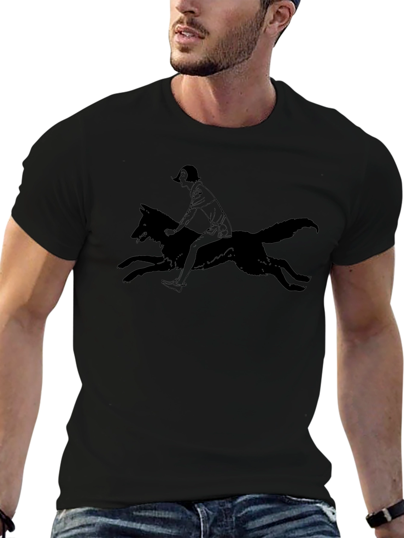 Black Tee - Girl Riding Wolf Graphic