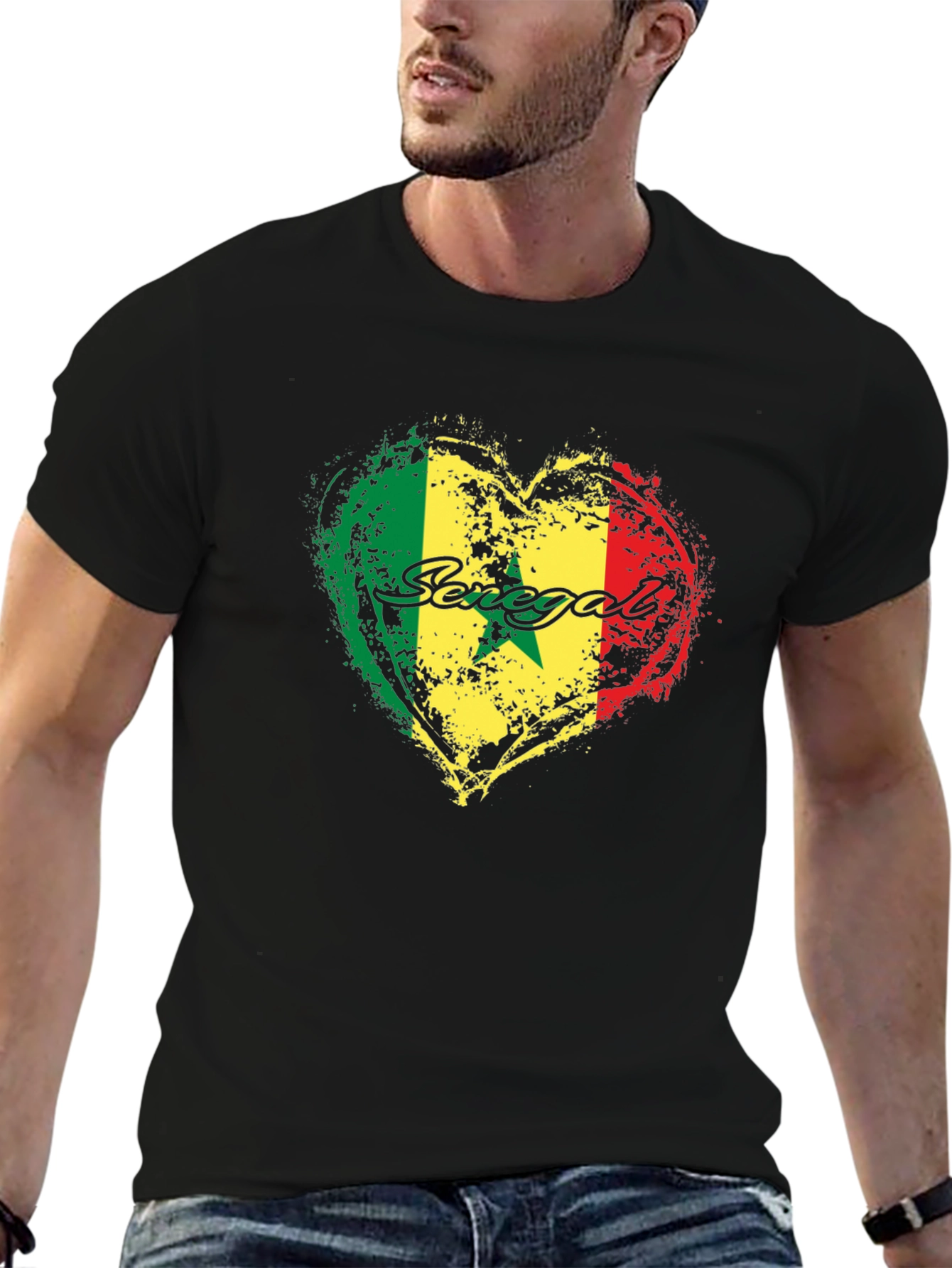 Senegal Heart Flag Graphic Black T-Shirt