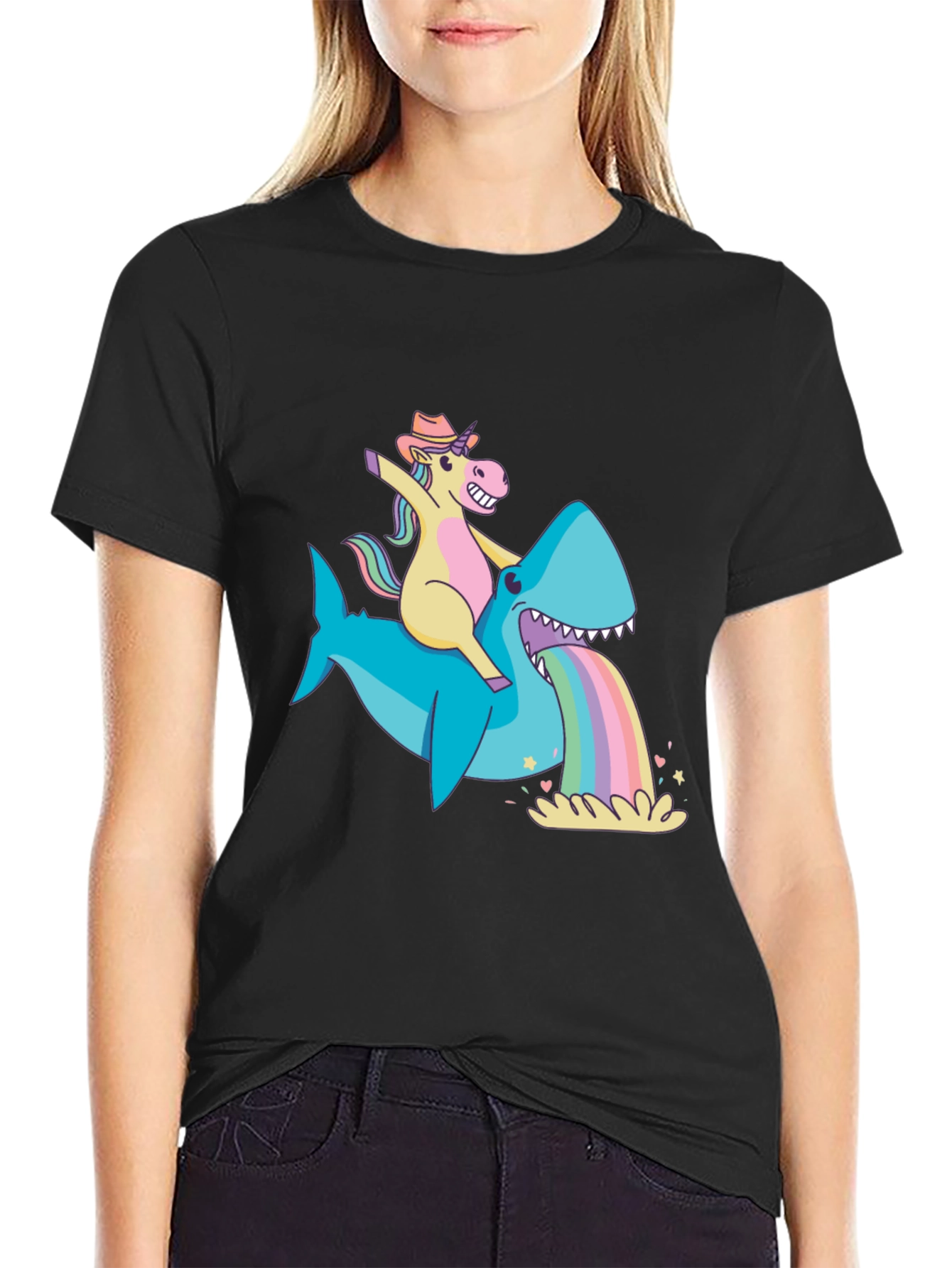 Unicorn Riding Shark Rainbow Vomit T-Shirt