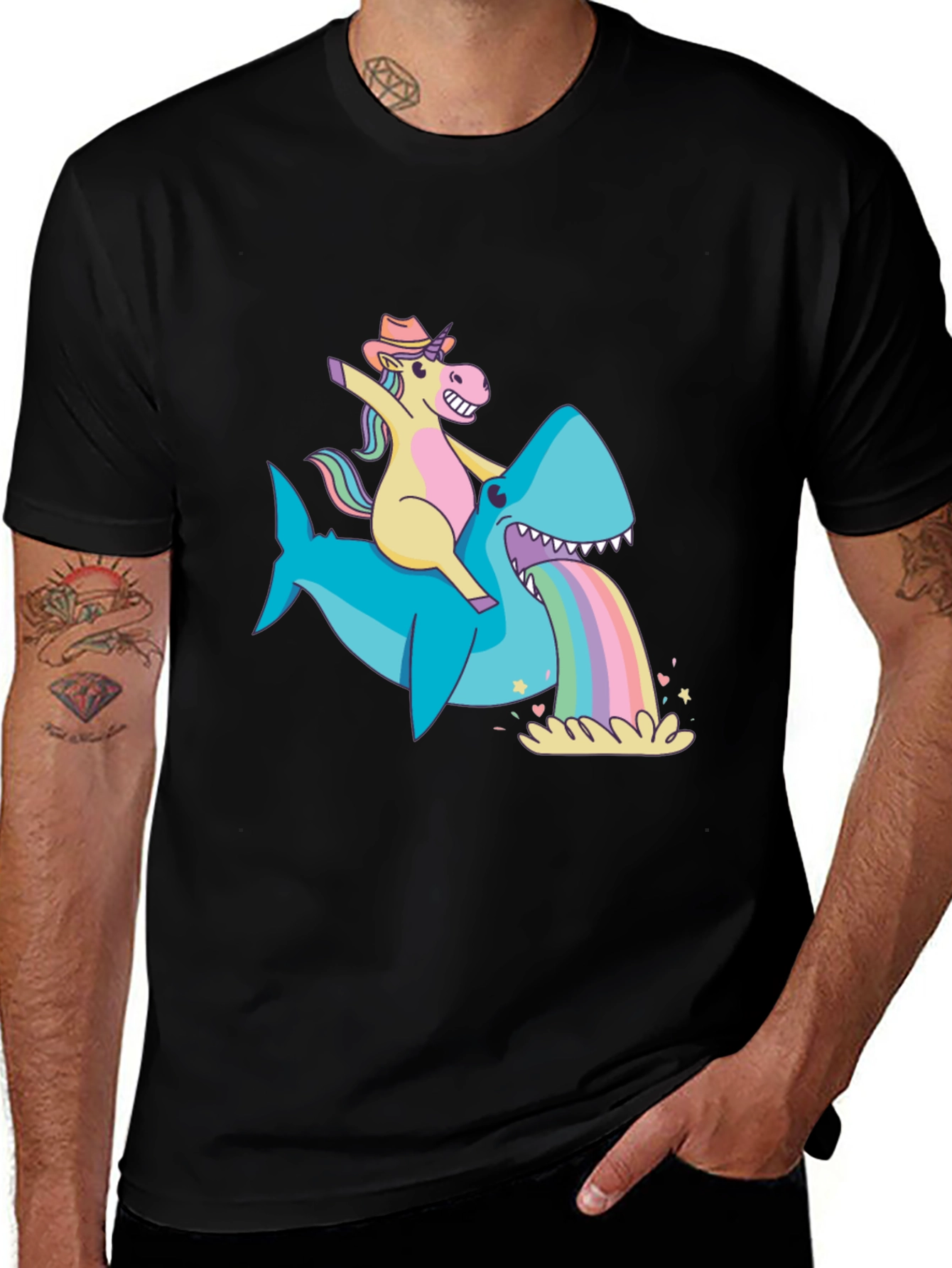 Unicorn Riding Shark Rainbow Vomit T-Shirt