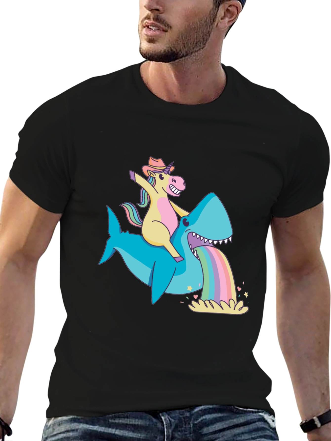Unicorn Riding Shark Rainbow Vomit T-Shirt