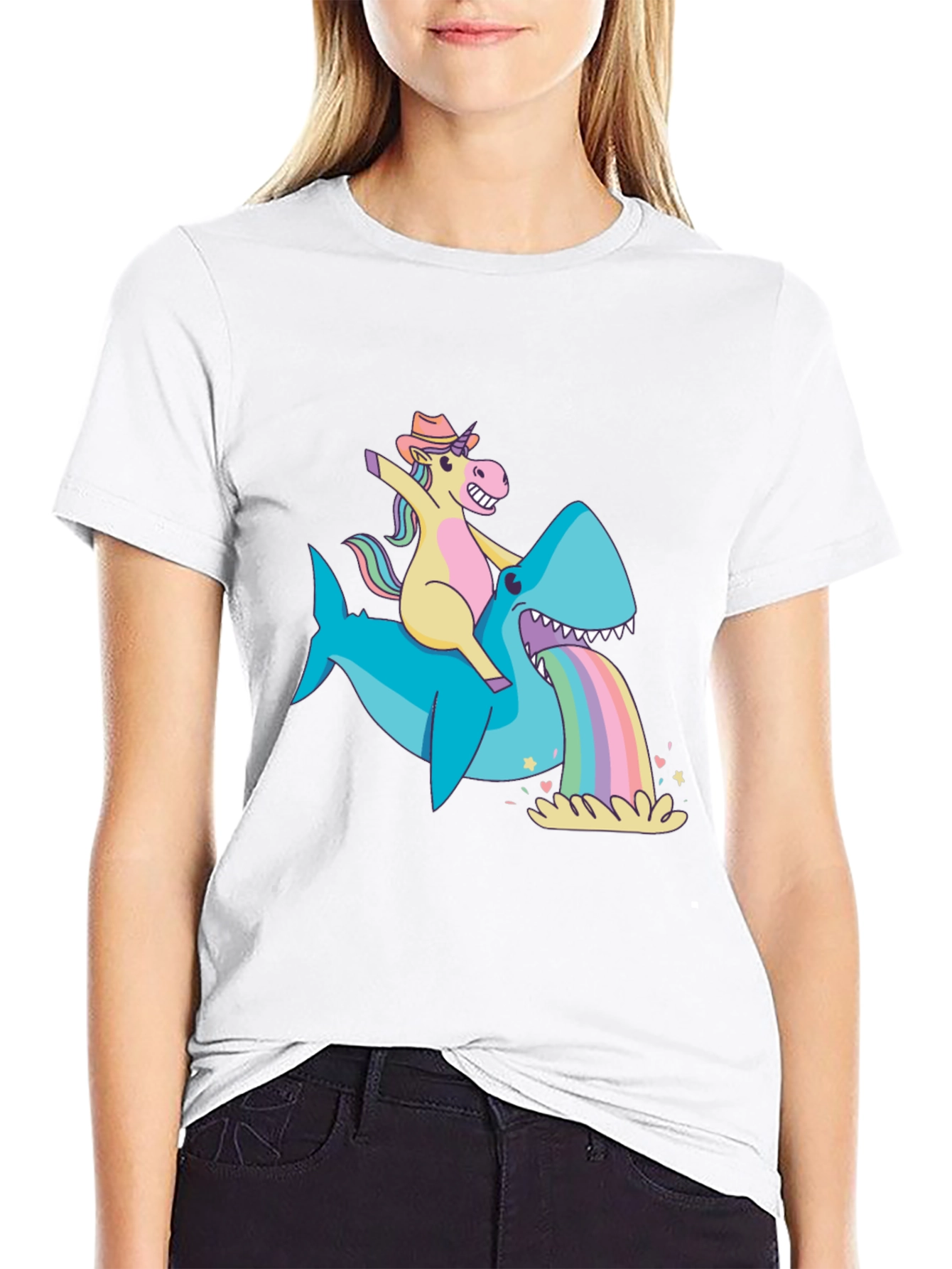 Unicorn Riding Shark Rainbow Vomit T-Shirt
