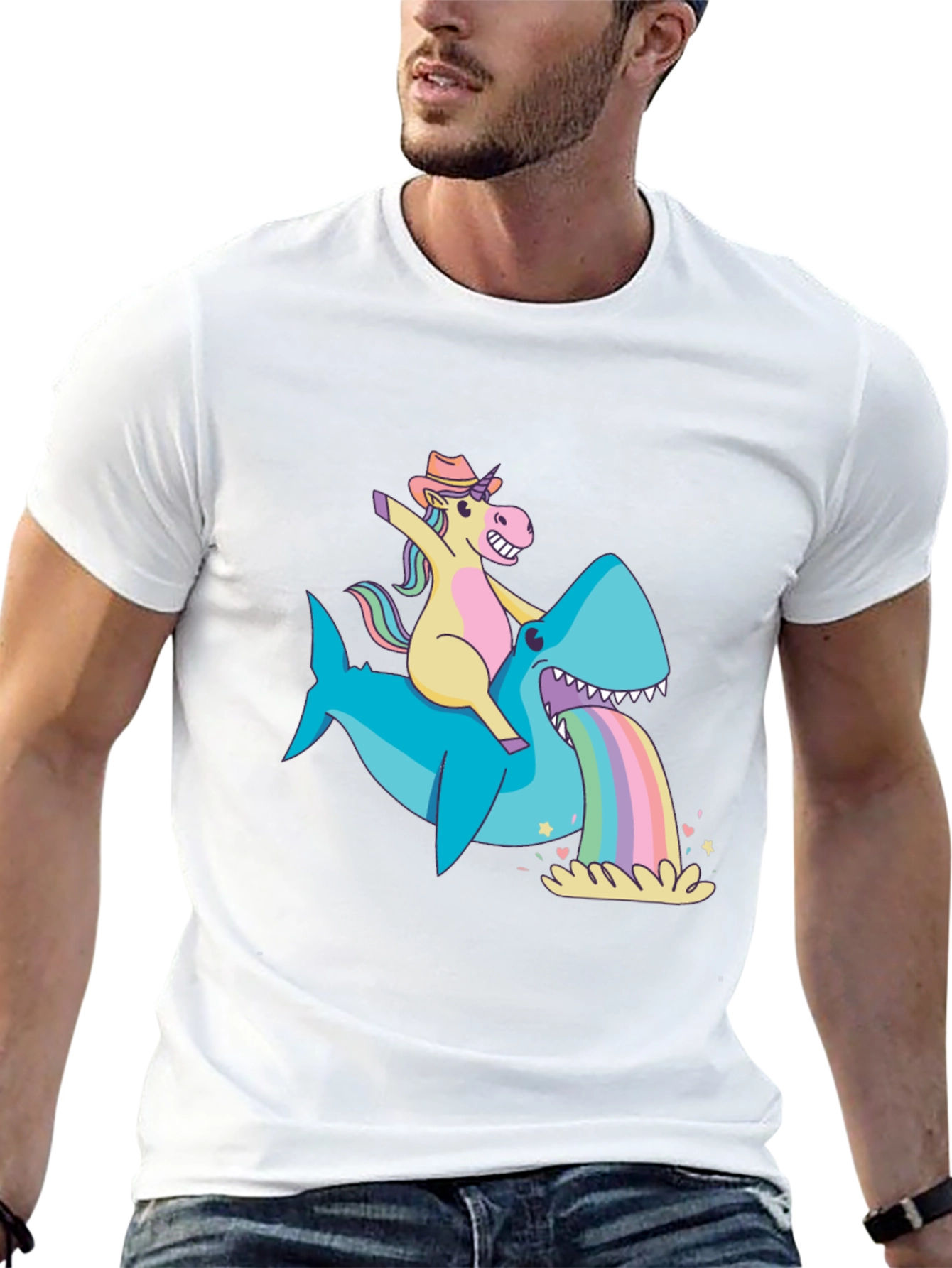 Unicorn Riding Shark Rainbow Vomit T-Shirt