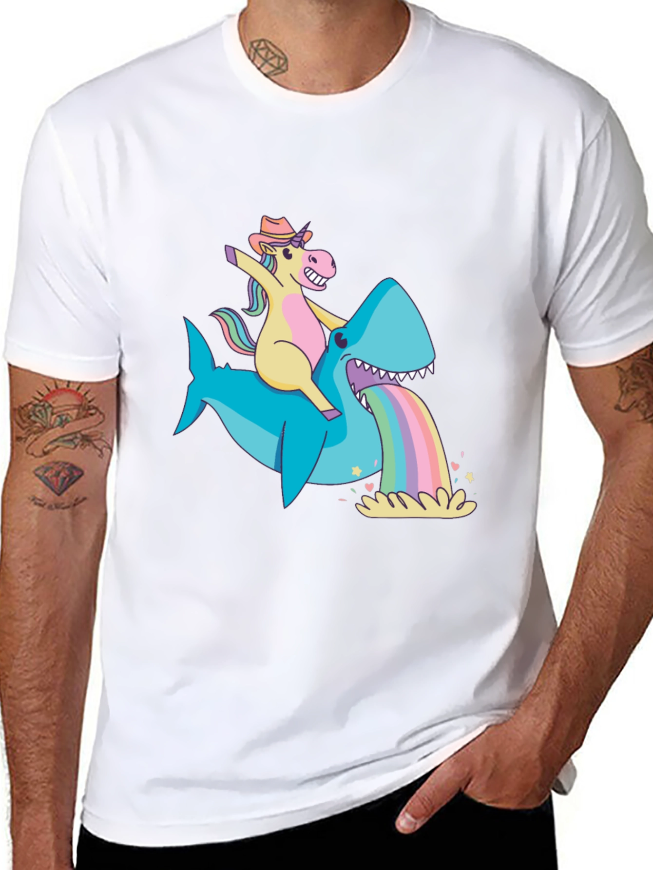 Unicorn Riding Shark Rainbow Vomit T-Shirt
