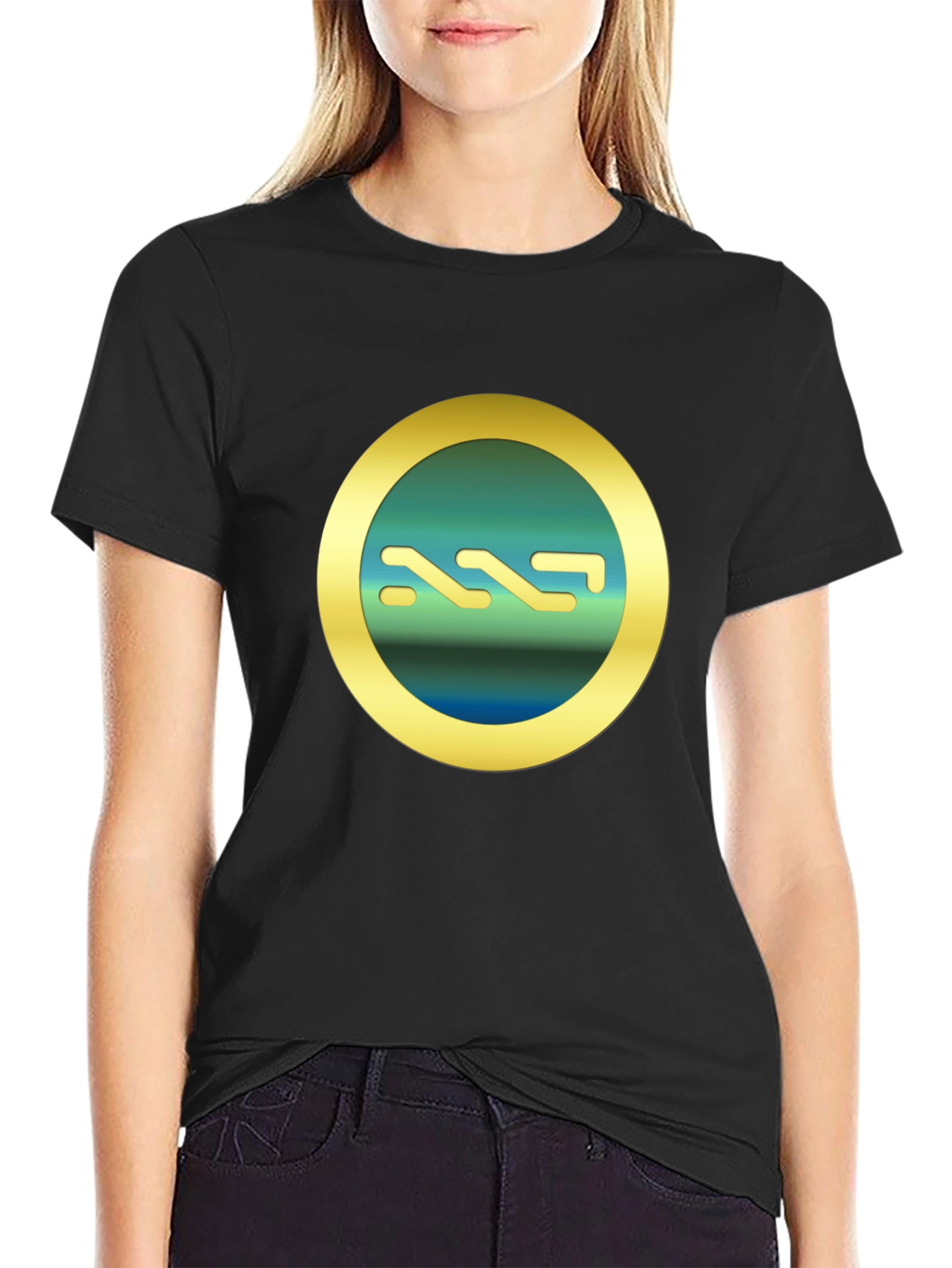 Mens Black T-Shirt with Gold Circle Emblem