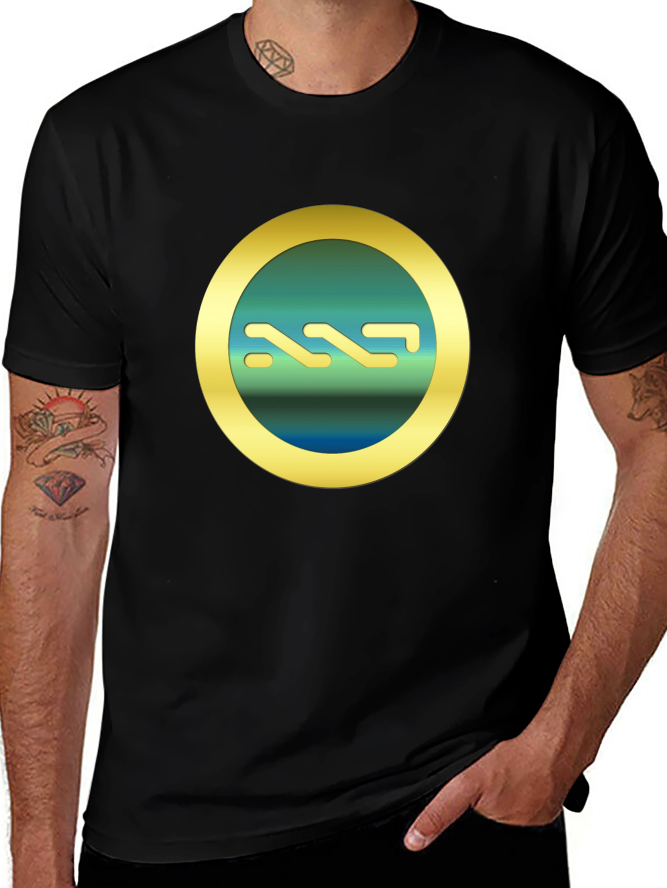 Mens Black T-Shirt with Gold Circle Emblem