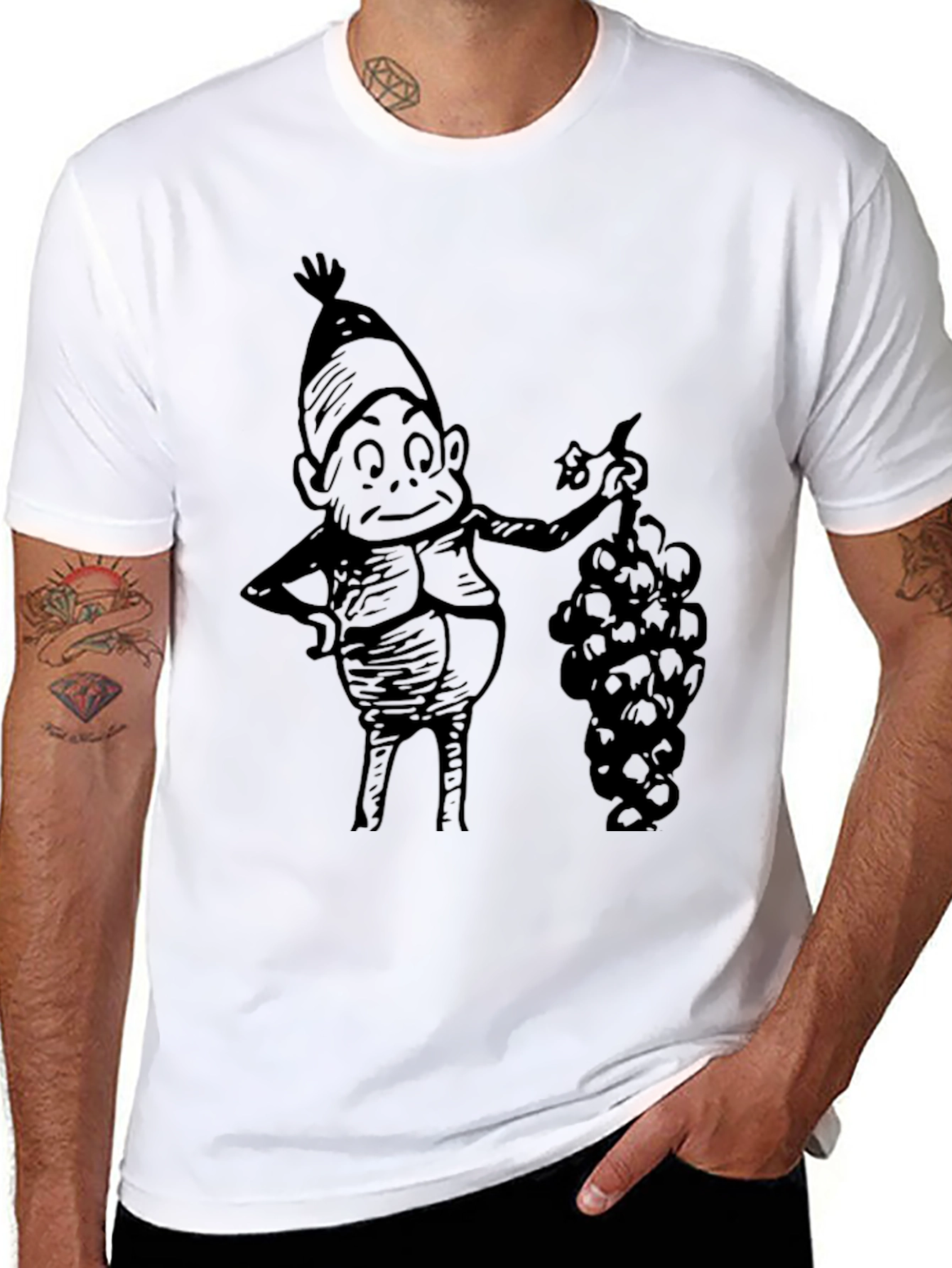 Cartoon Gnome with Grapes Graphic Tee
