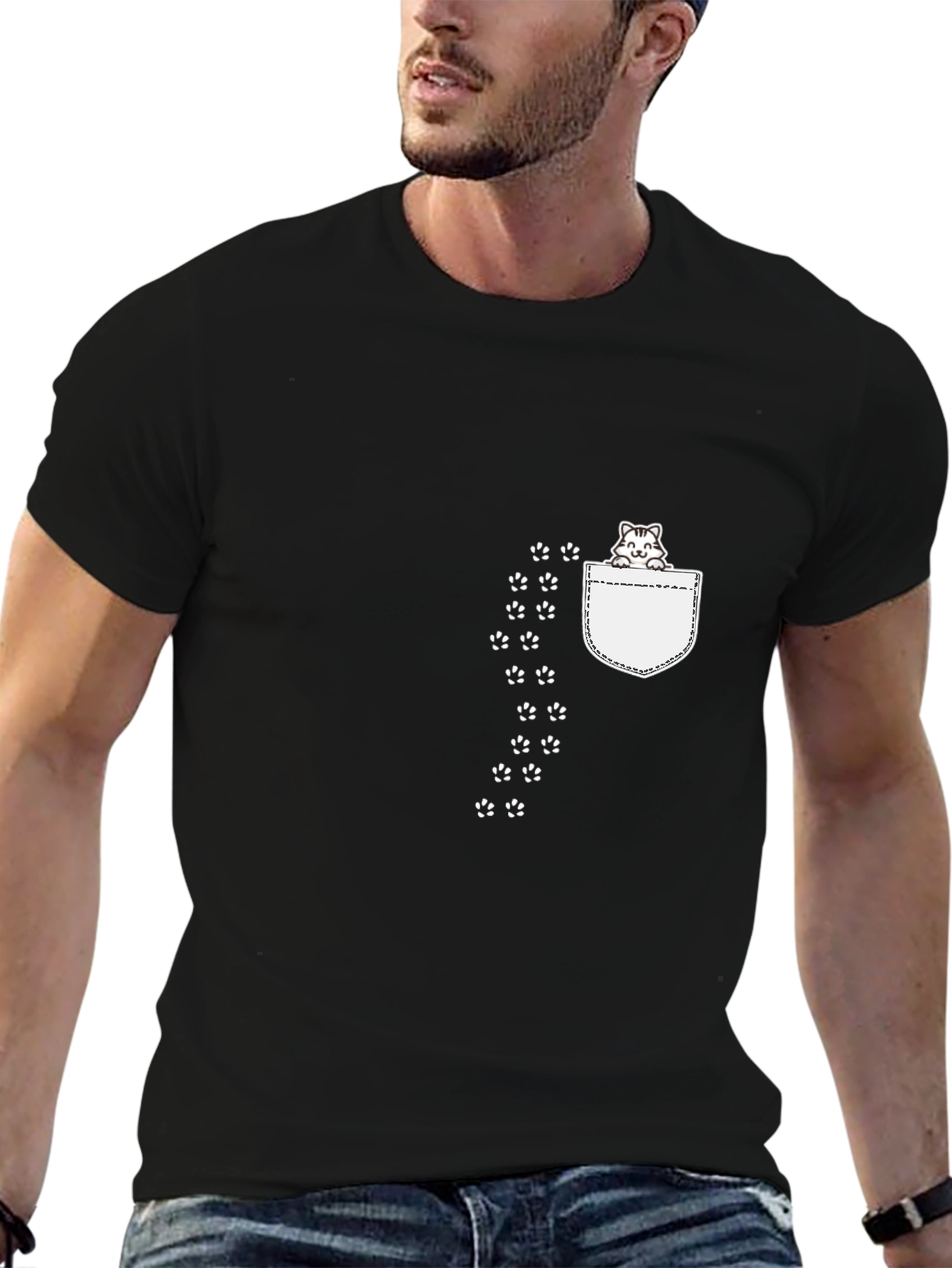 Cute Cat Pocket Print Black T-Shirt