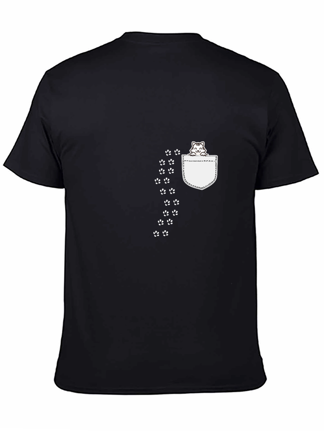 Cute Cat Pocket Print Black T-Shirt
