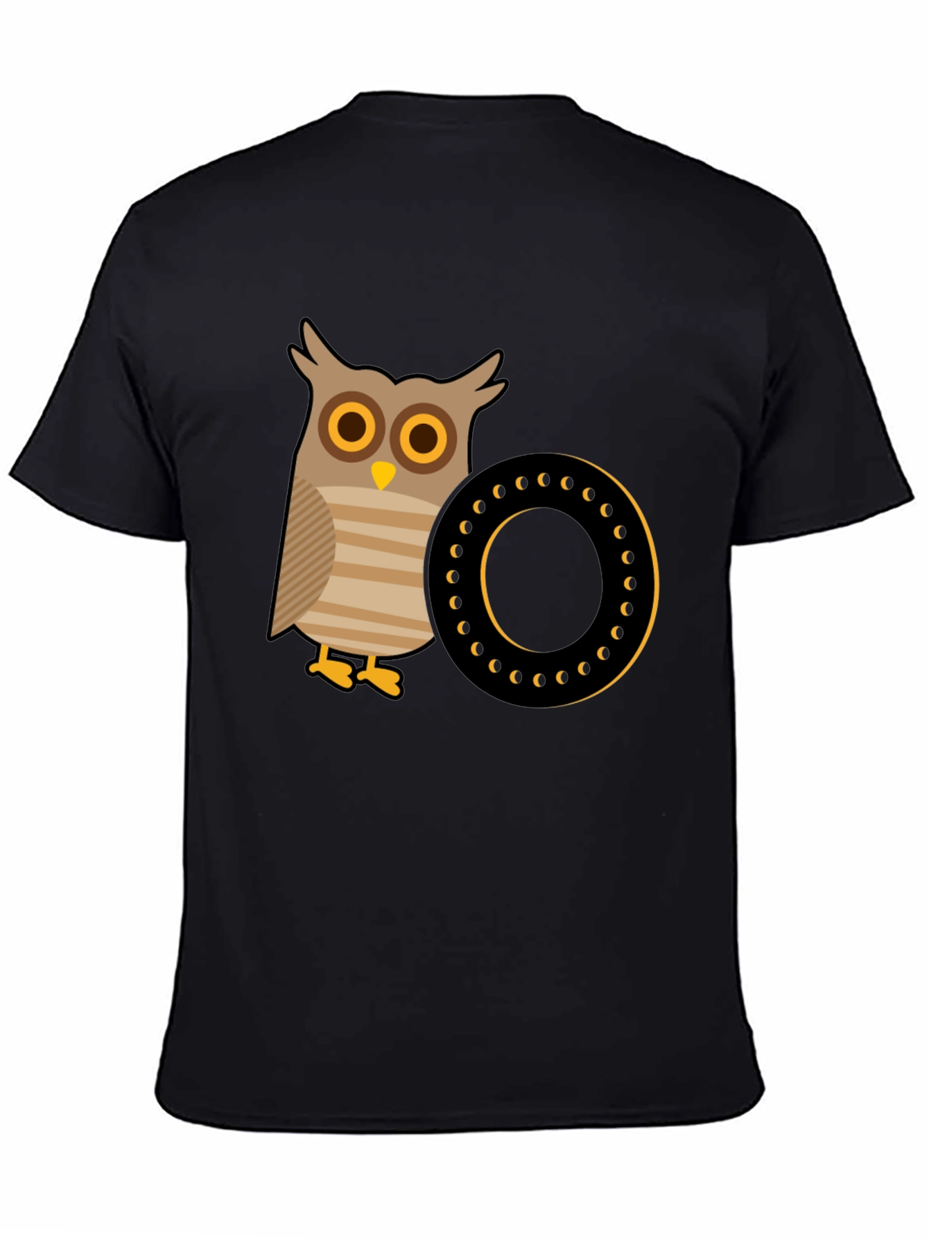 Owl and Letter O Graphic Tee - Black Cotton