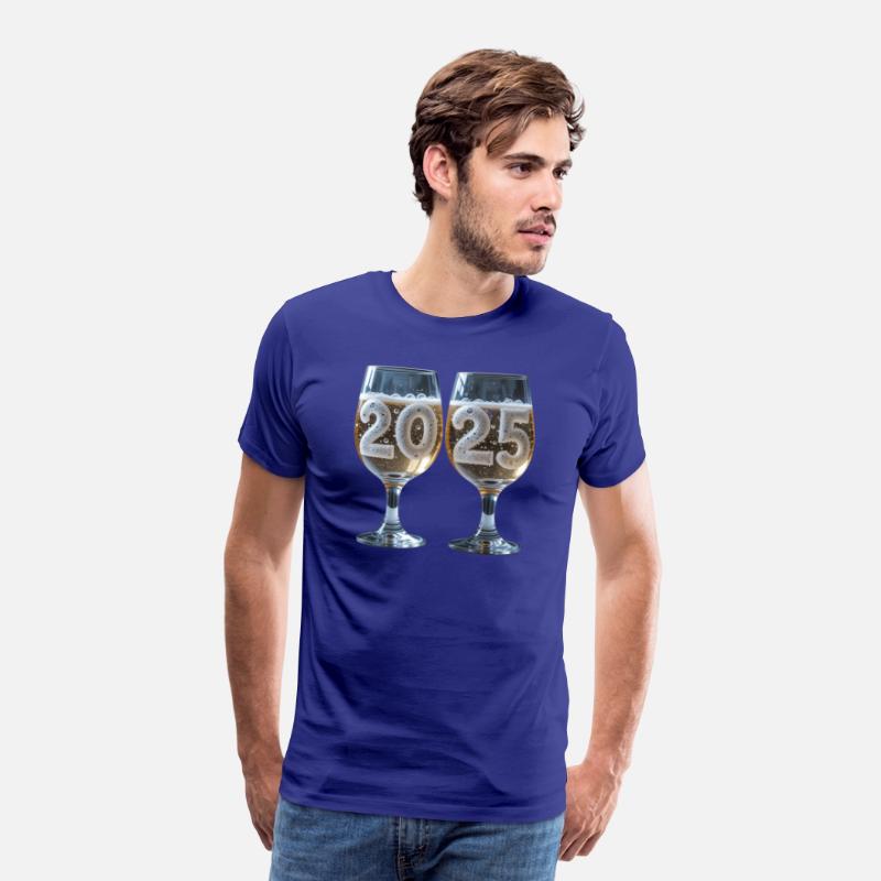 Two clinking glasses with bubbles with number 2025