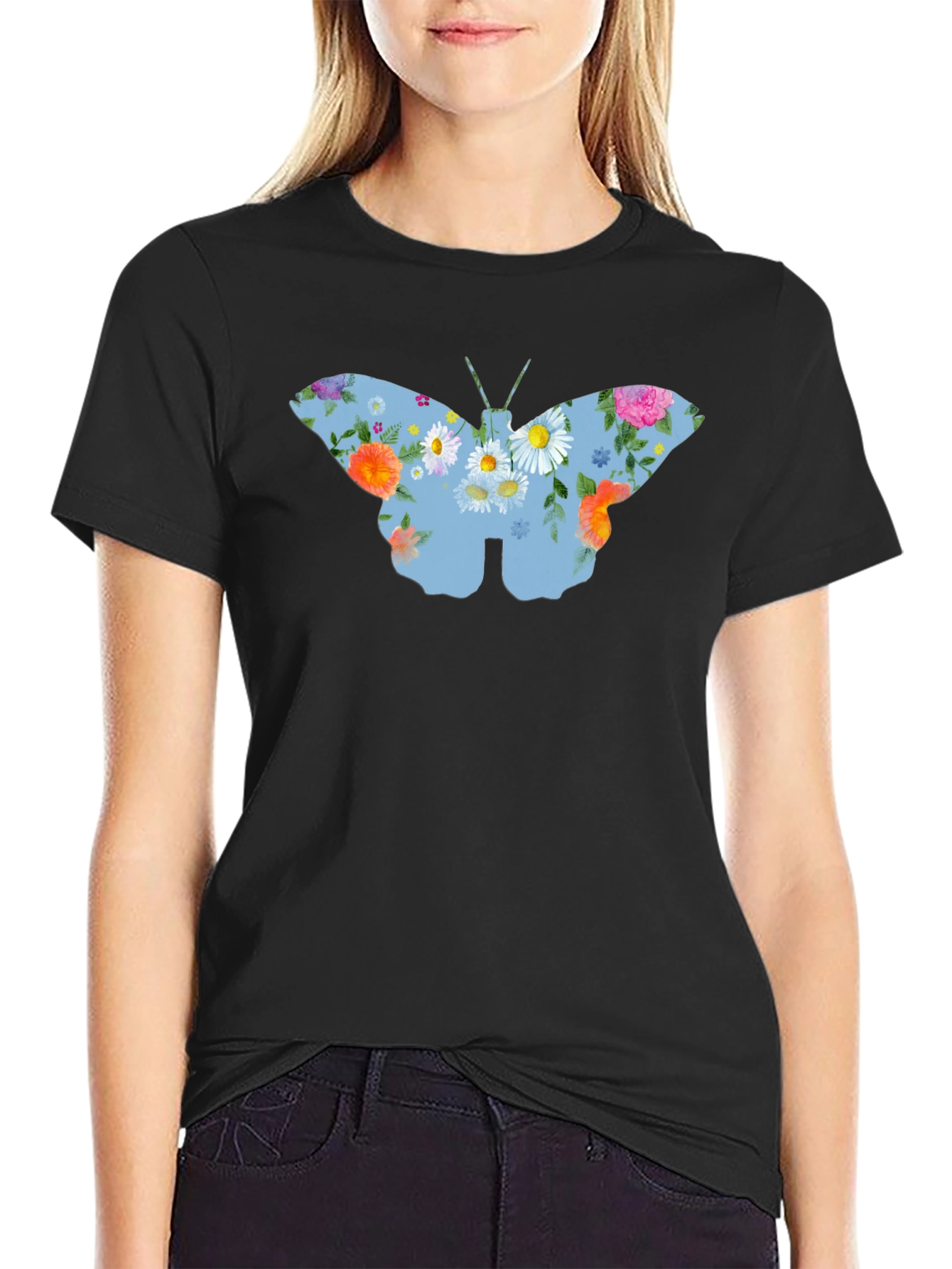 Floral Butterfly Graphic T-Shirt - Black
