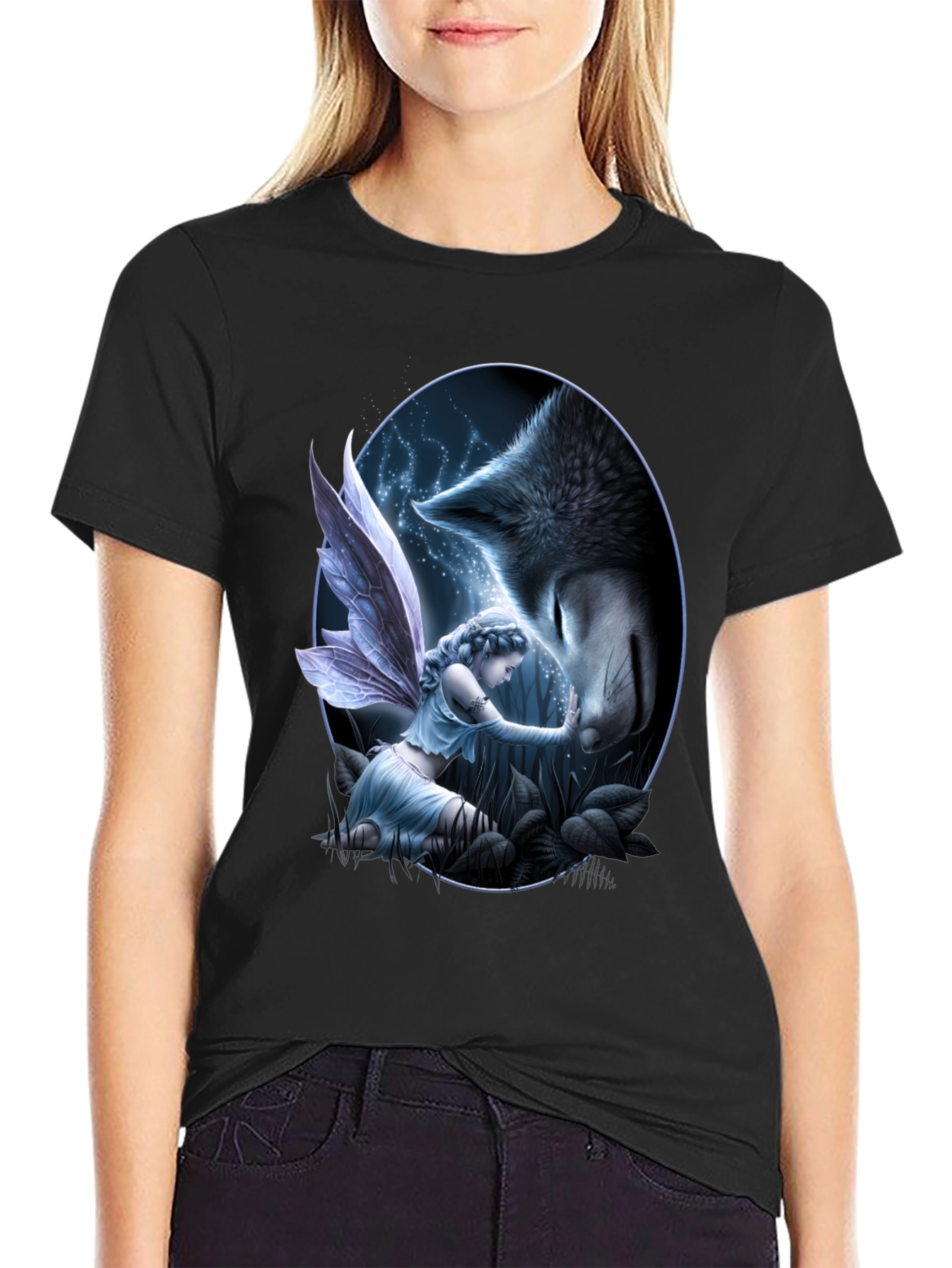 Fairy & Wolf Graphic Tee - Mystical Creature Design